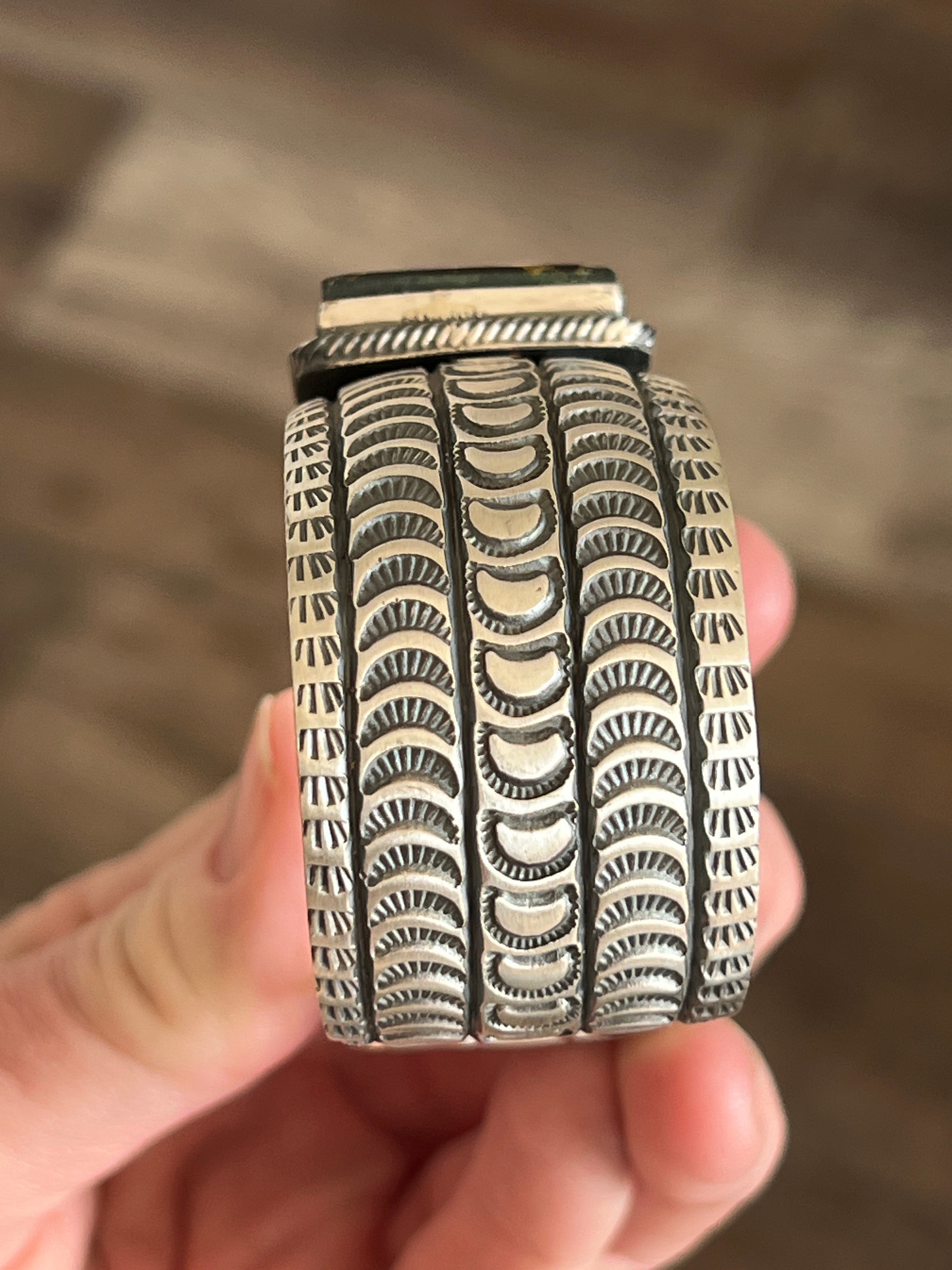 Handcrafted Sterling Silver and Blackjack Turquoise Hand Stamped Cuff Bracelet by Randy Boyd