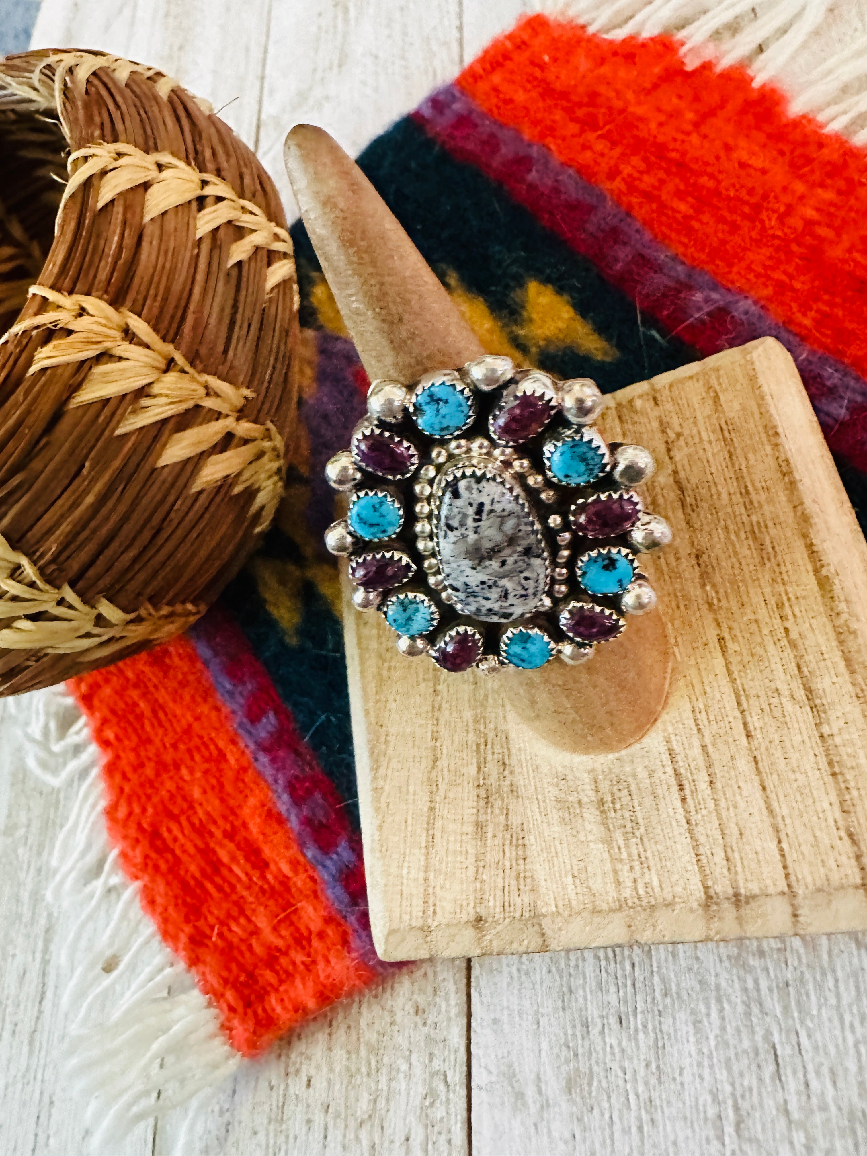 Handcrafted Sterling Silver & Multi Stone Cluster Adjustable Ring