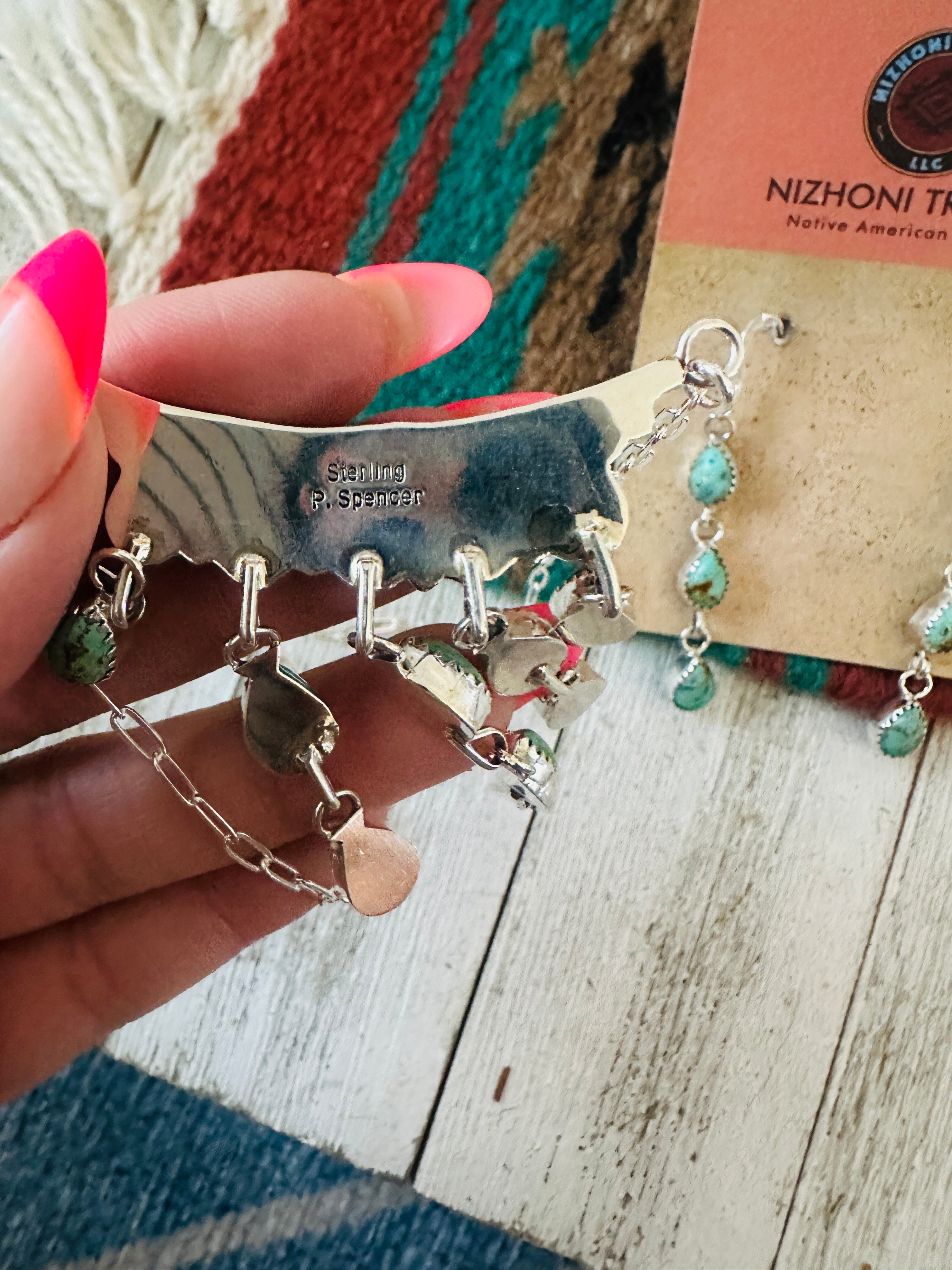 Handcrafted Sterling Silver & Turquoise Chandelier Necklace and Earring Set