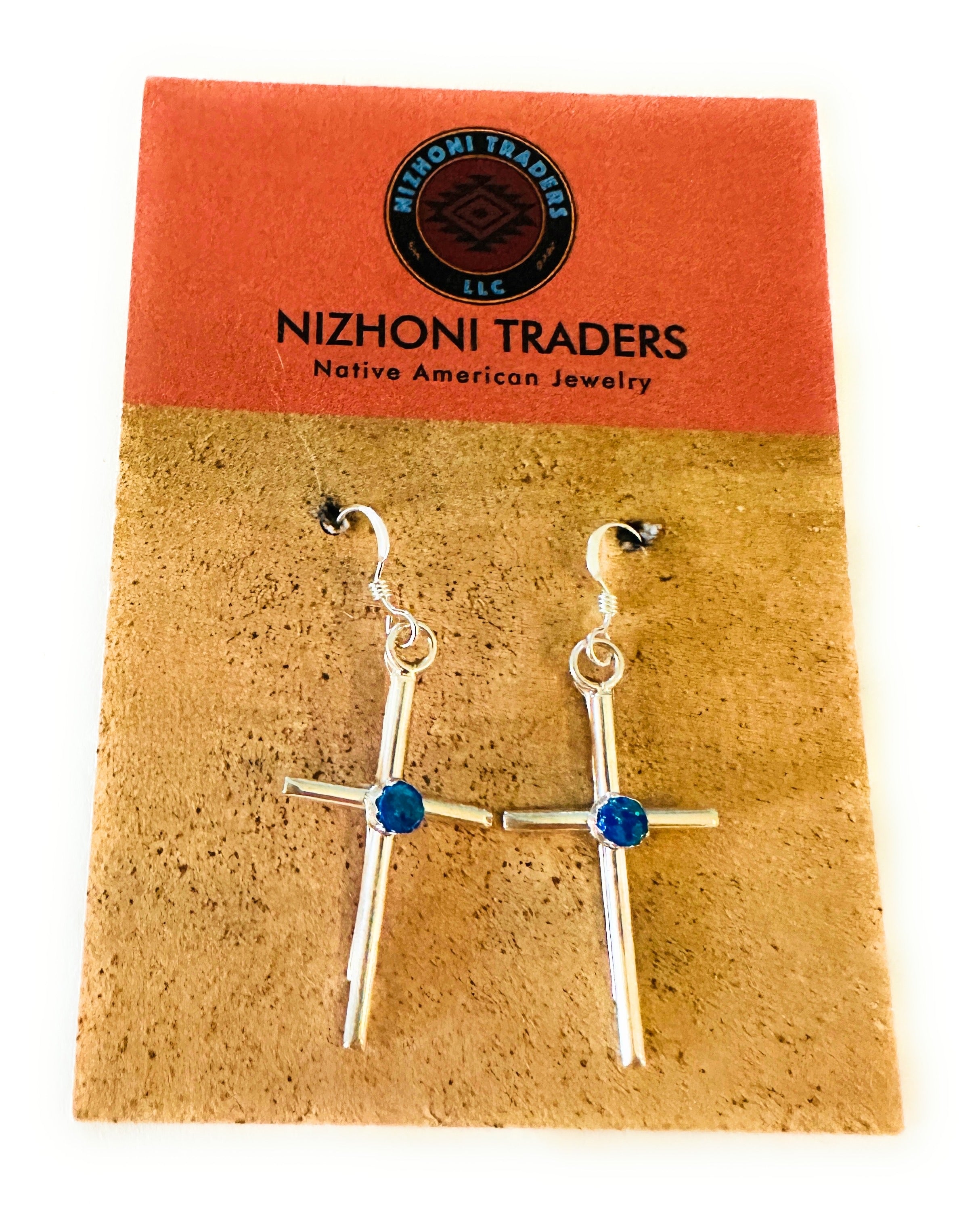 Handcrafted Sterling Silver & Blue Opal Cross Dangle Earrings