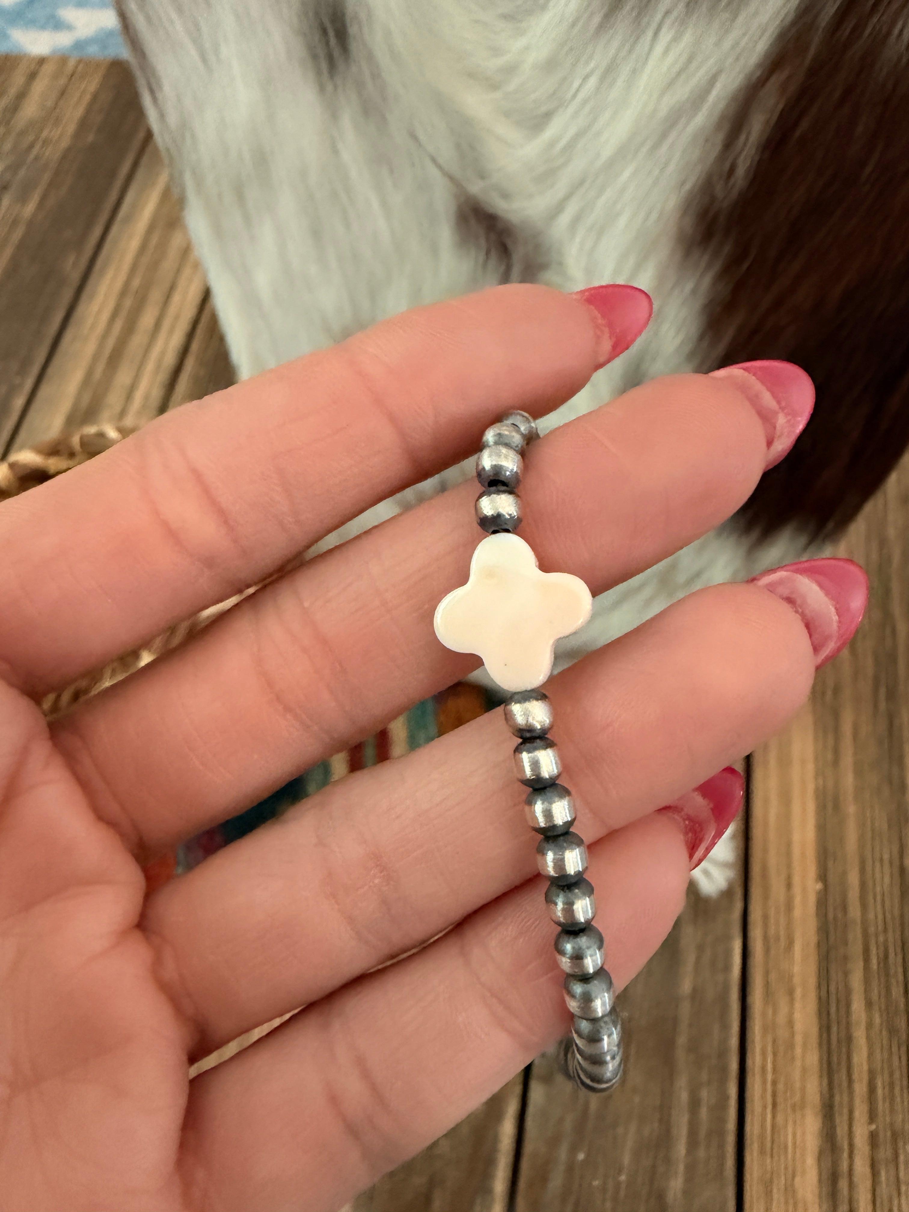 Handcrafted Queen Pink Conch and Sterling Silver Pearl Quatrefoil Beaded Necklace