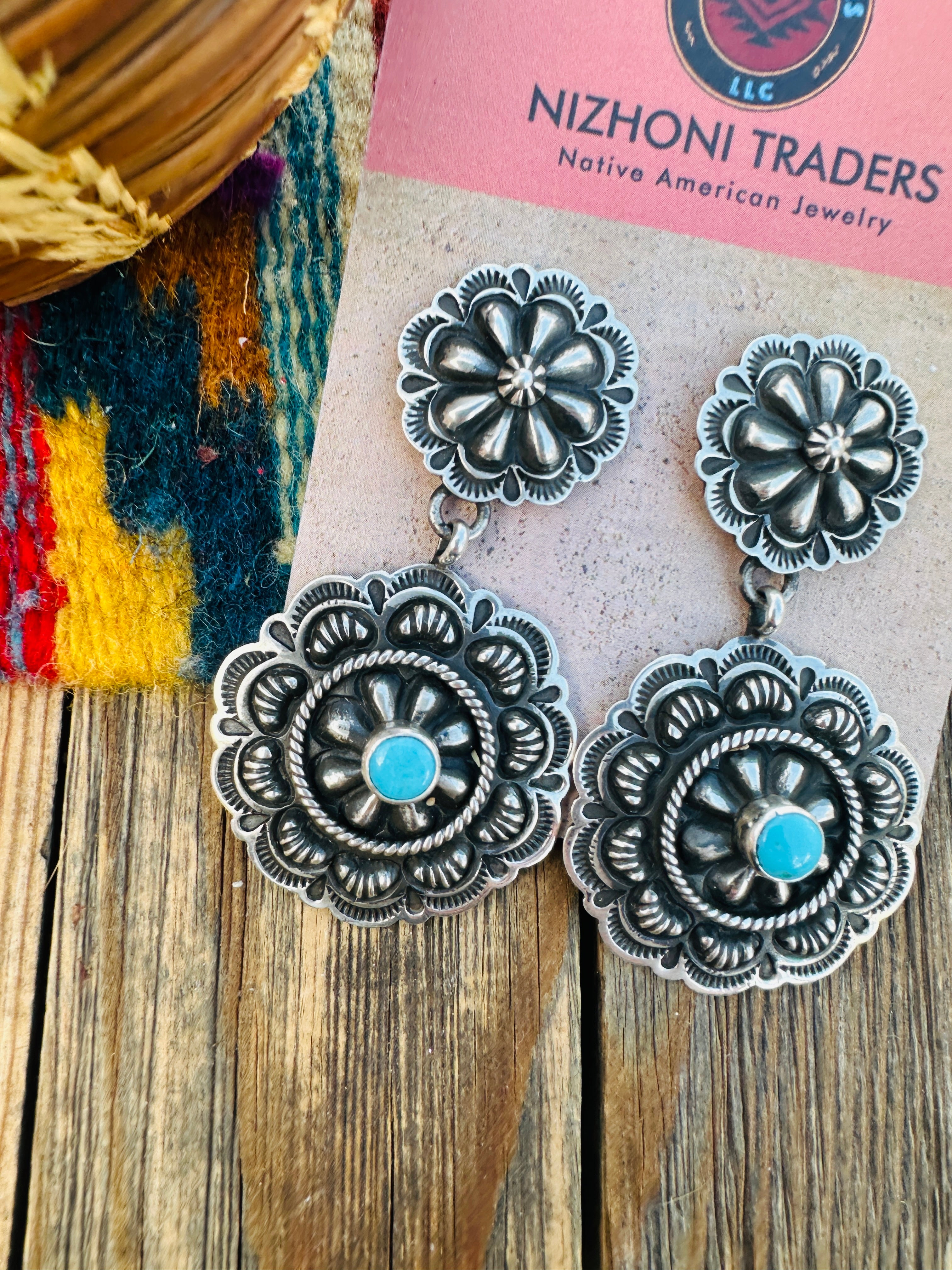 Handcrafted Turquoise & Sterling Silver Concho Dangle Earrings