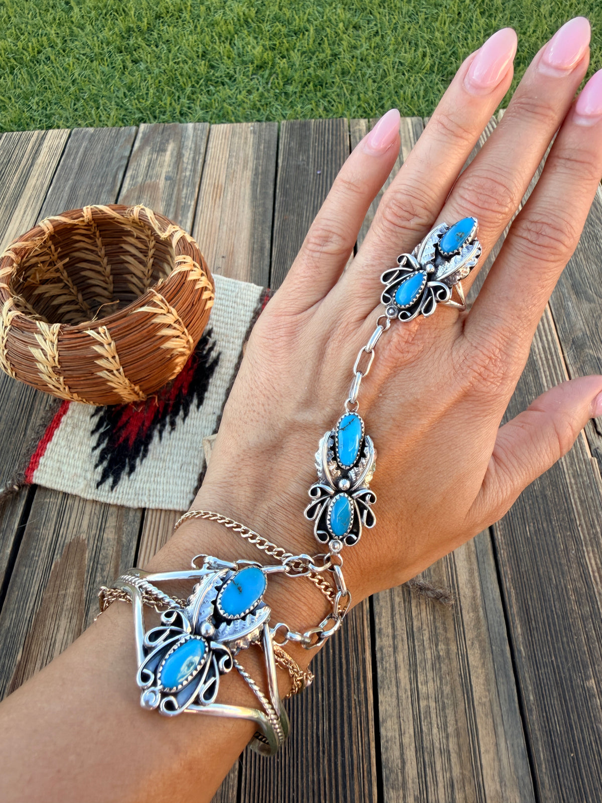 Handcrafted Turquoise & Sterling Silver Hand Chain Cuff Bracelet by Harry Yazzie