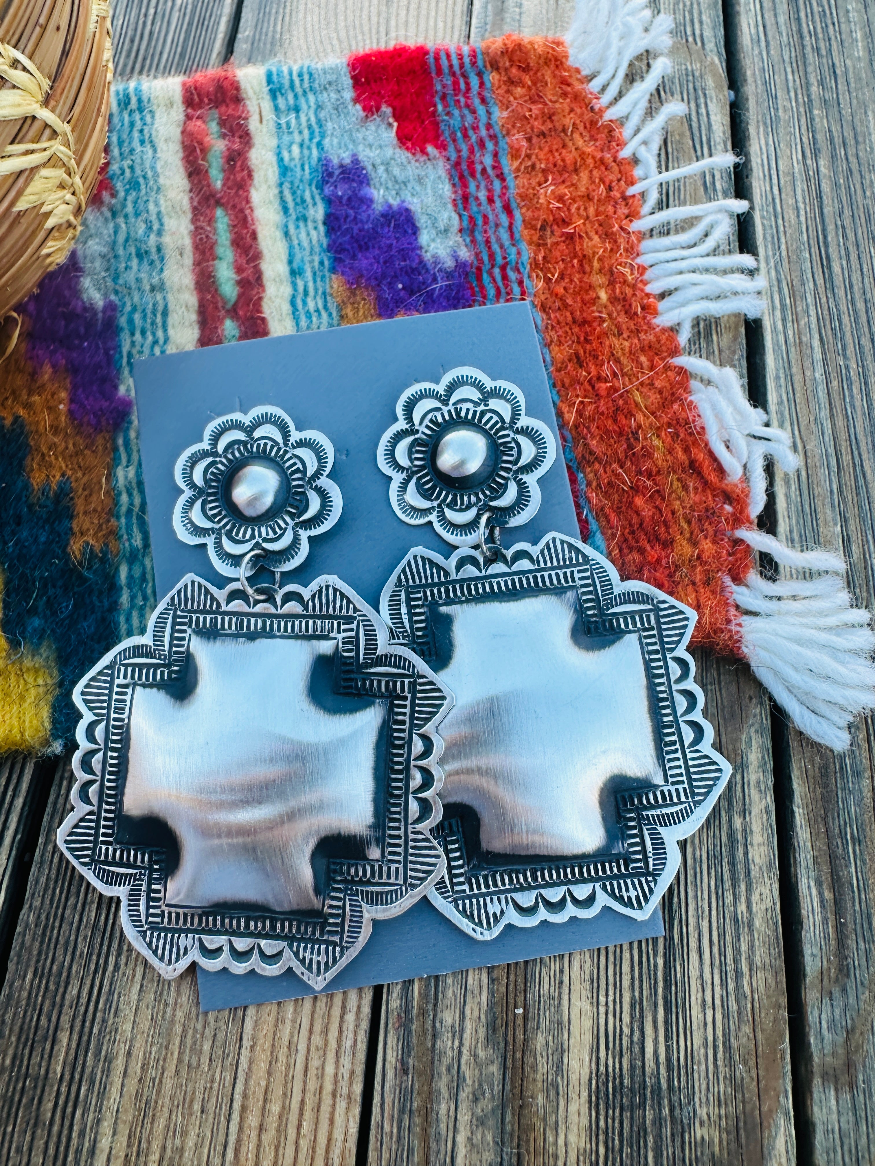 Handcrafted Sterling Silver Concho Cross Dangle Earrings by Leander Tahe