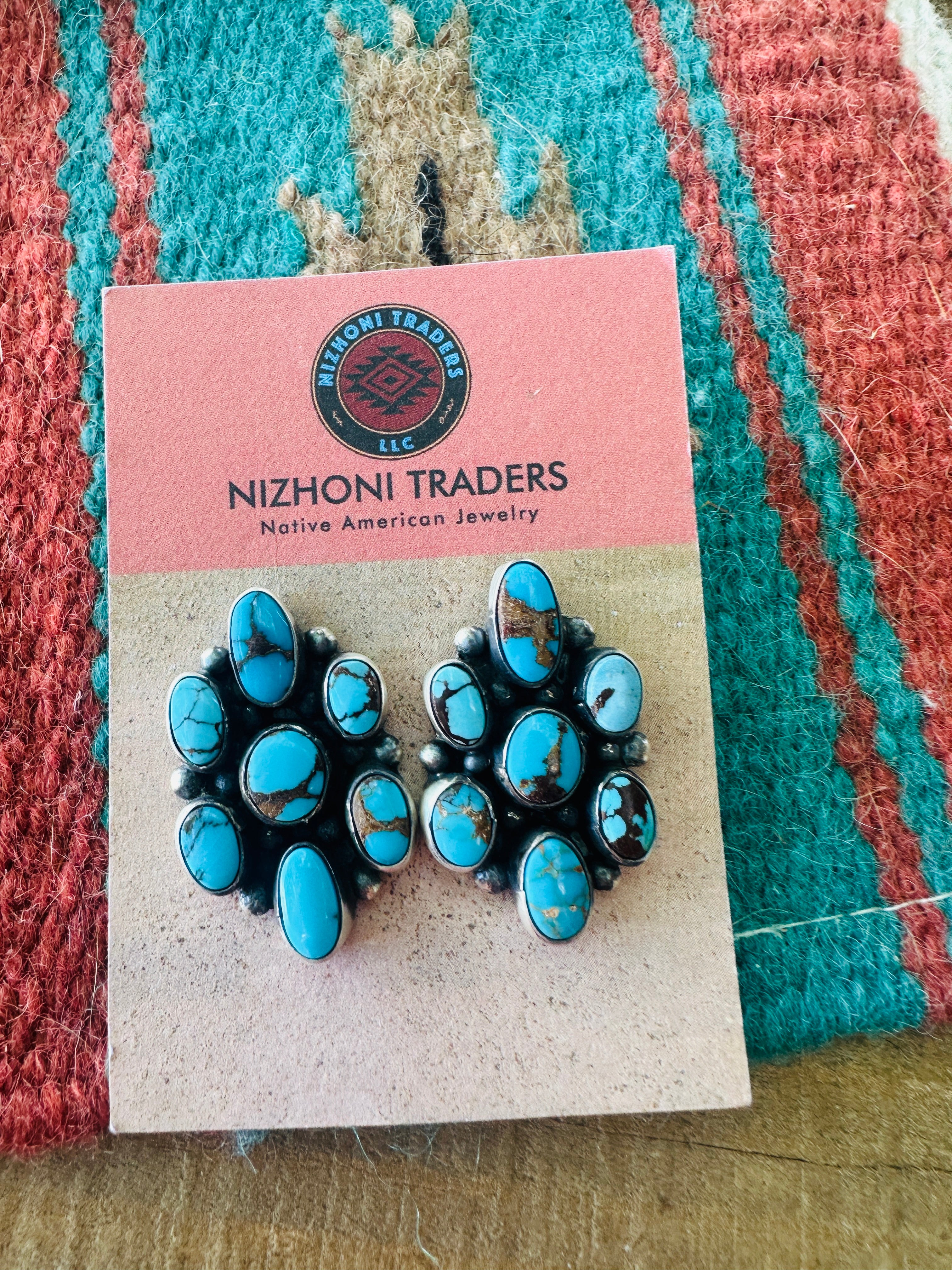 Handcrafted Sterling Silver & Kingman Web Turquoise Cluster Post Earrings