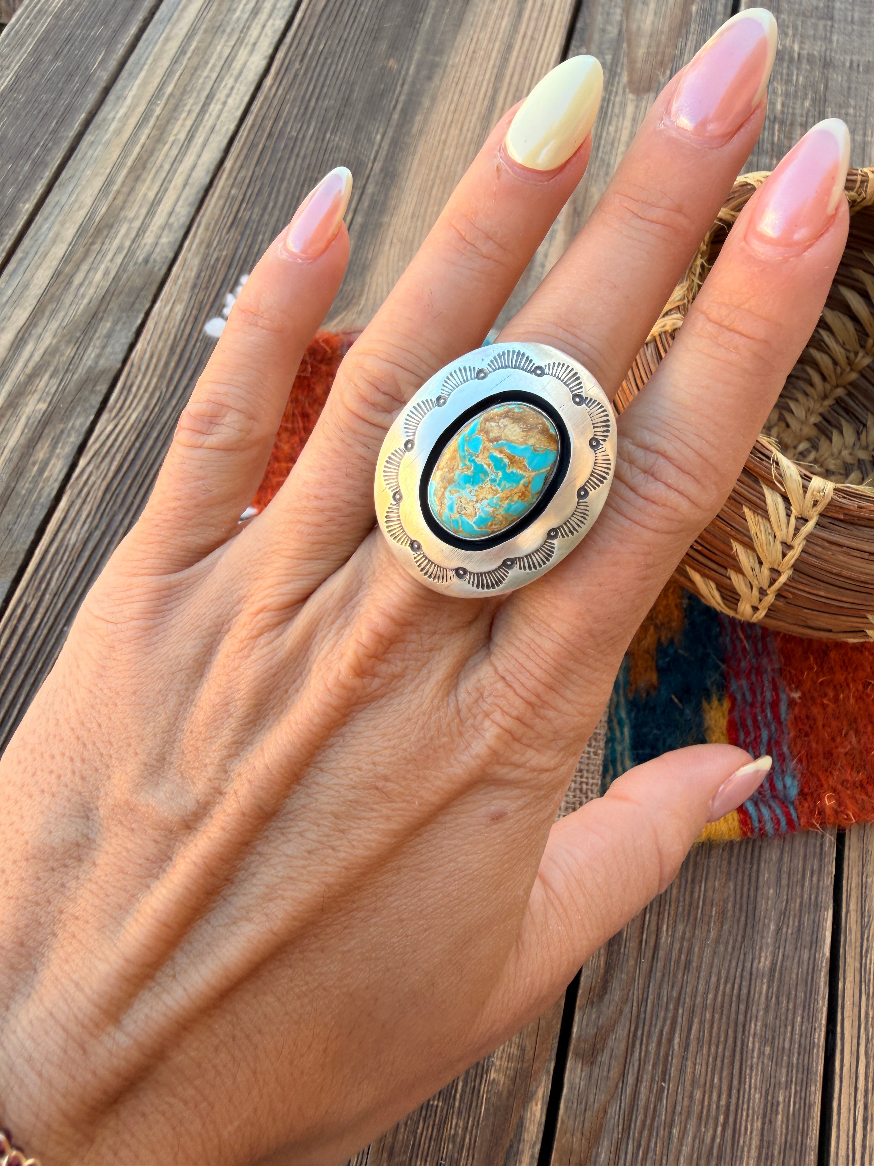 Handcrafted Royston Turquoise & Sterling Silver Ring Size 8.5