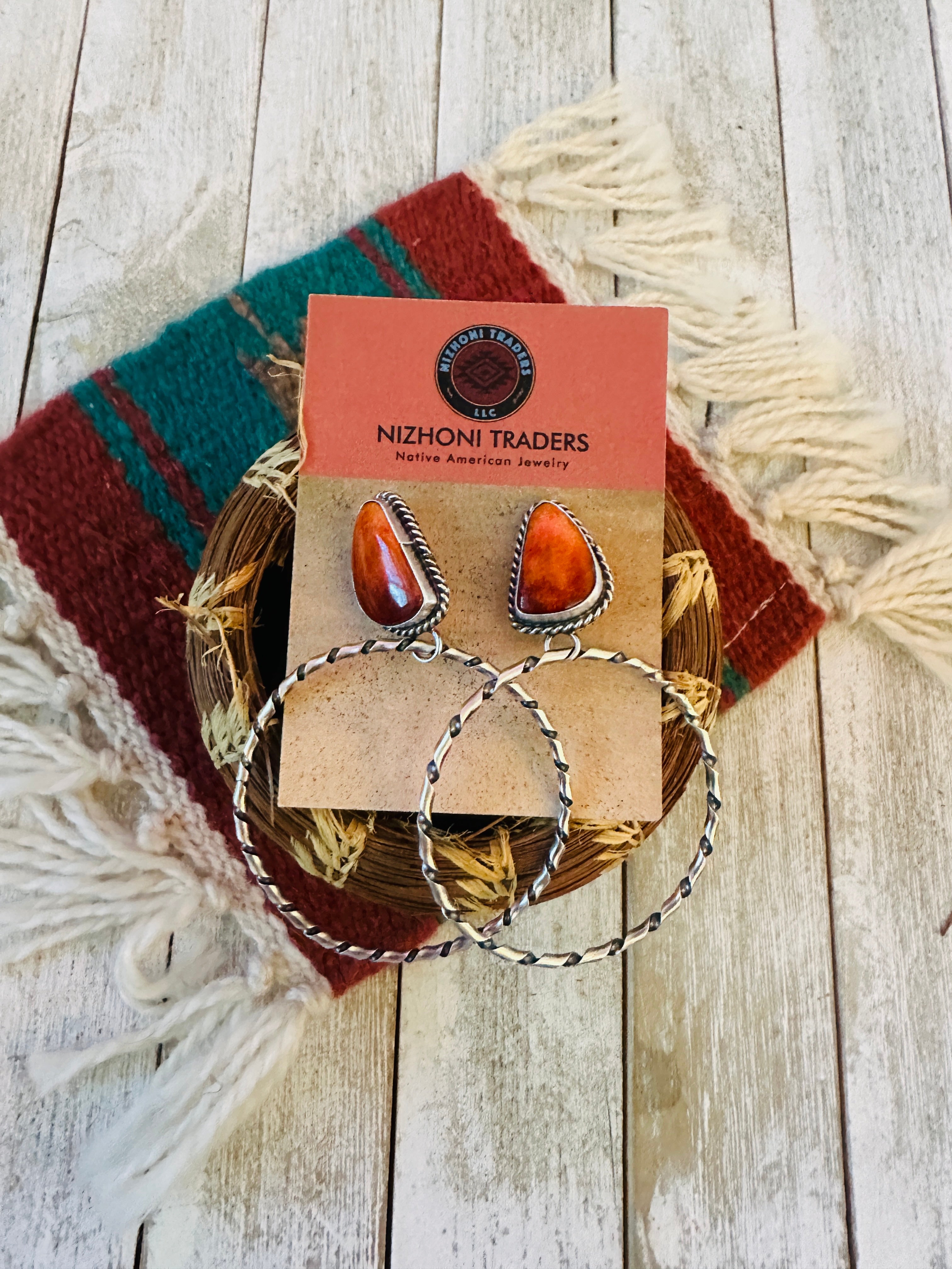 Navajo Orange Spiny and Sterling Silver Dangle Hoop Earrings