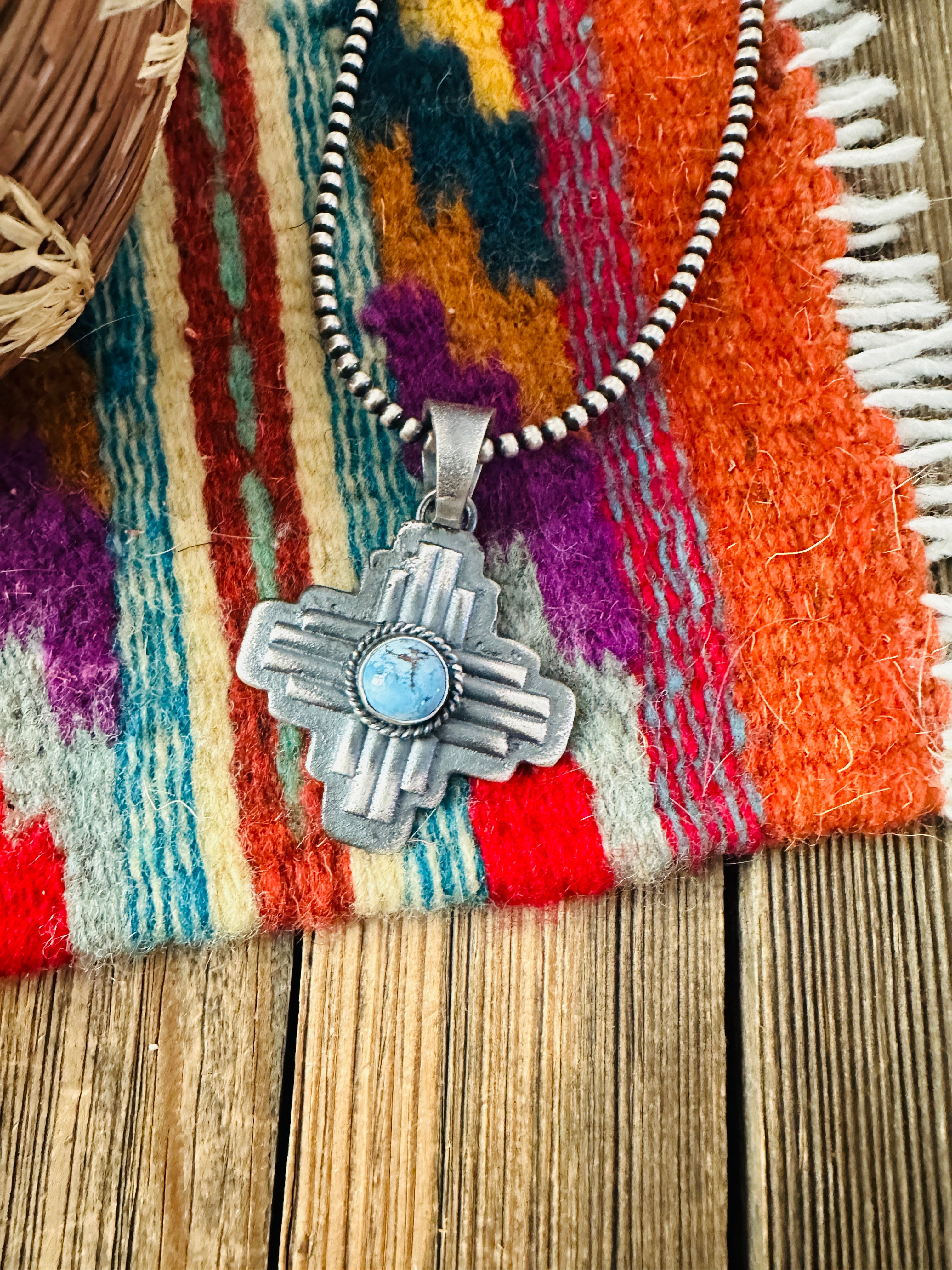 Handcrafted Sterling Silver & Golden Hills Turquoise Zia Cross Pendant by Kevin Billah