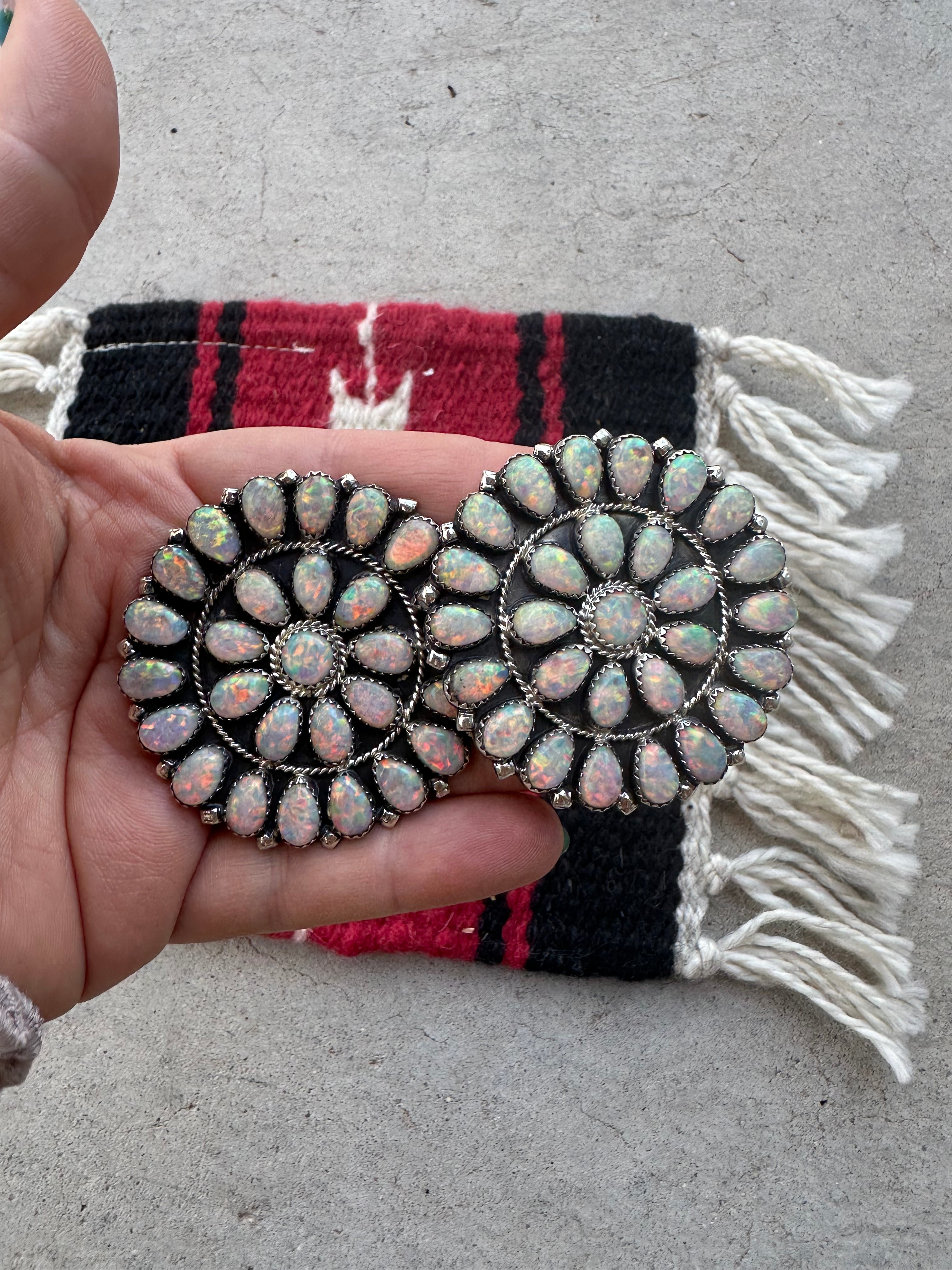 Handcrafted Fire Opal & Sterling Silver Cluster Circle Earrings Signed