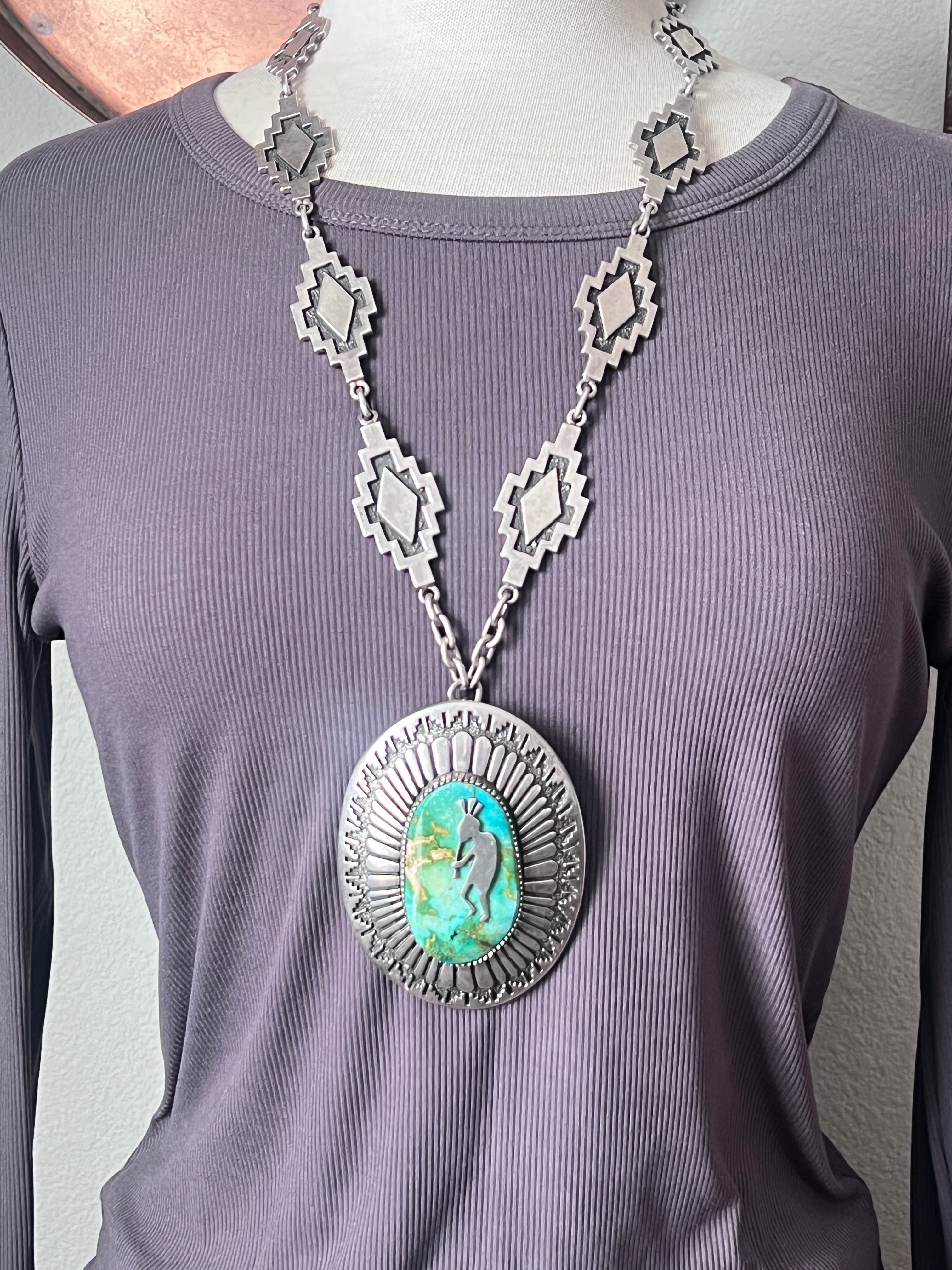 Vintage Handcrafted Sterling Silver and Royston Turquoise Kokopelli Necklace by Tommy Jackson