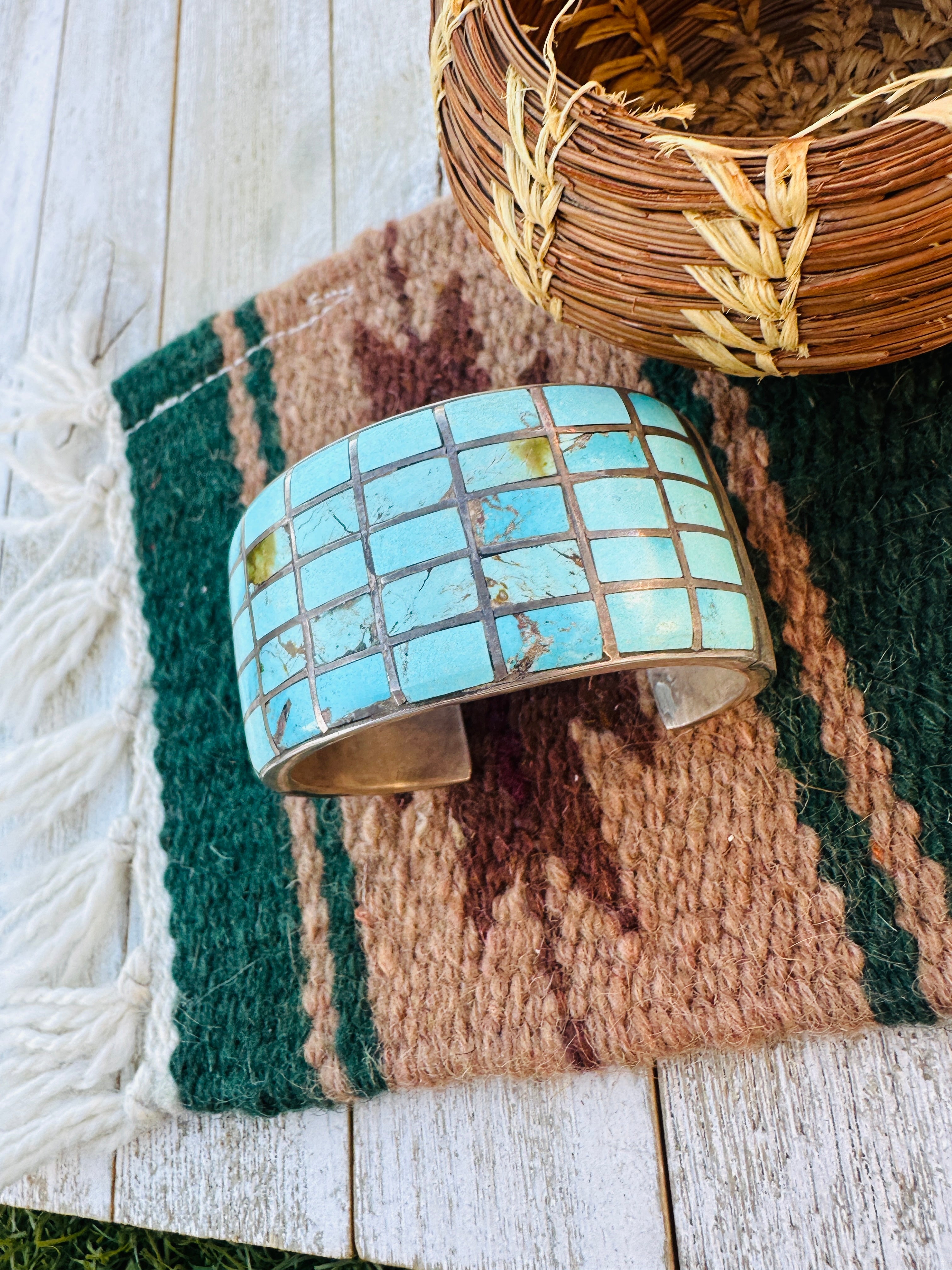 Handcrafted Old Pawn Sterling Silver & Turquoise Inlay Cuff Bracelet