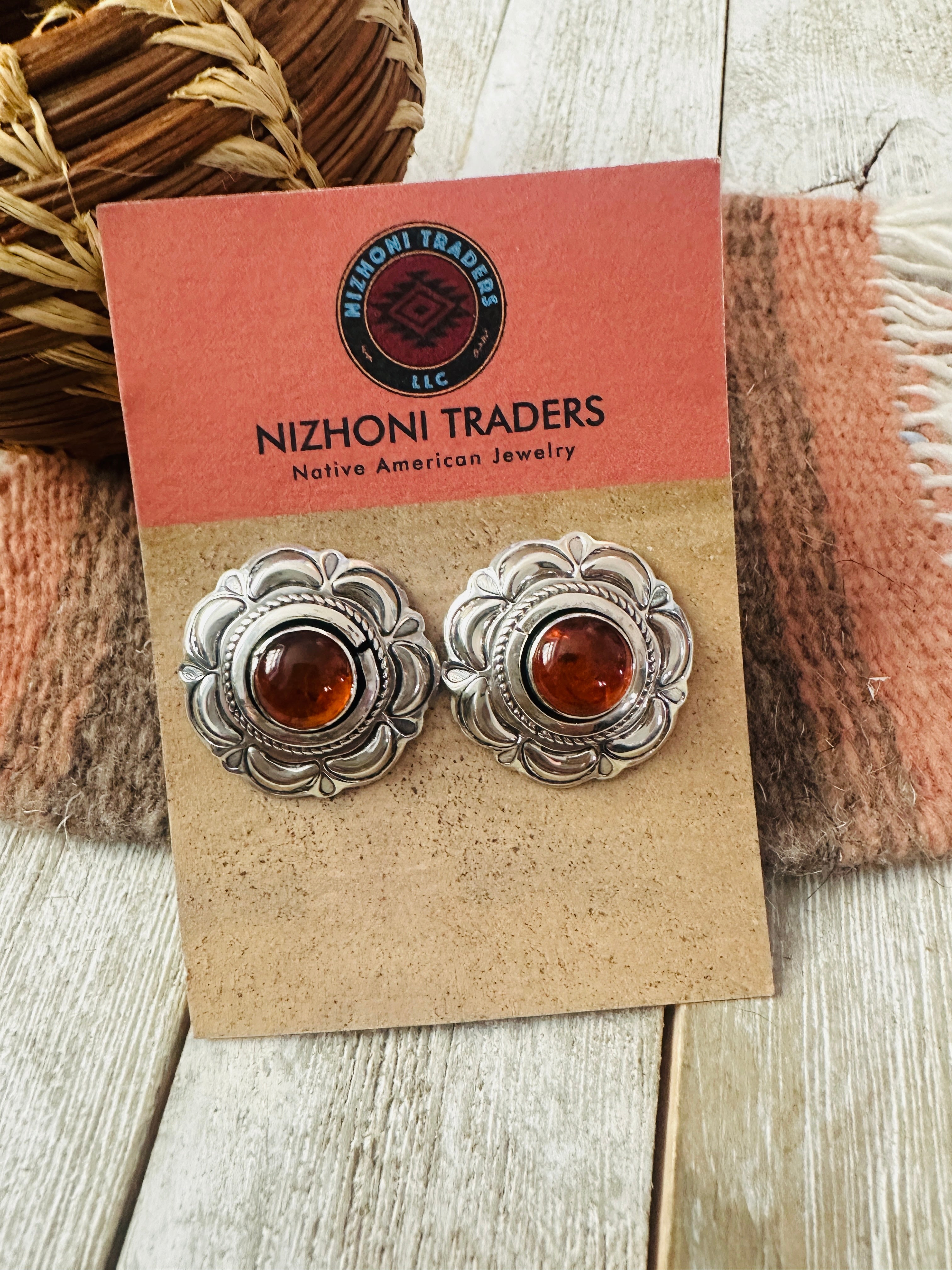 Handcrafted Old Pawn Sterling Silver & Amber Flower Post Earrings