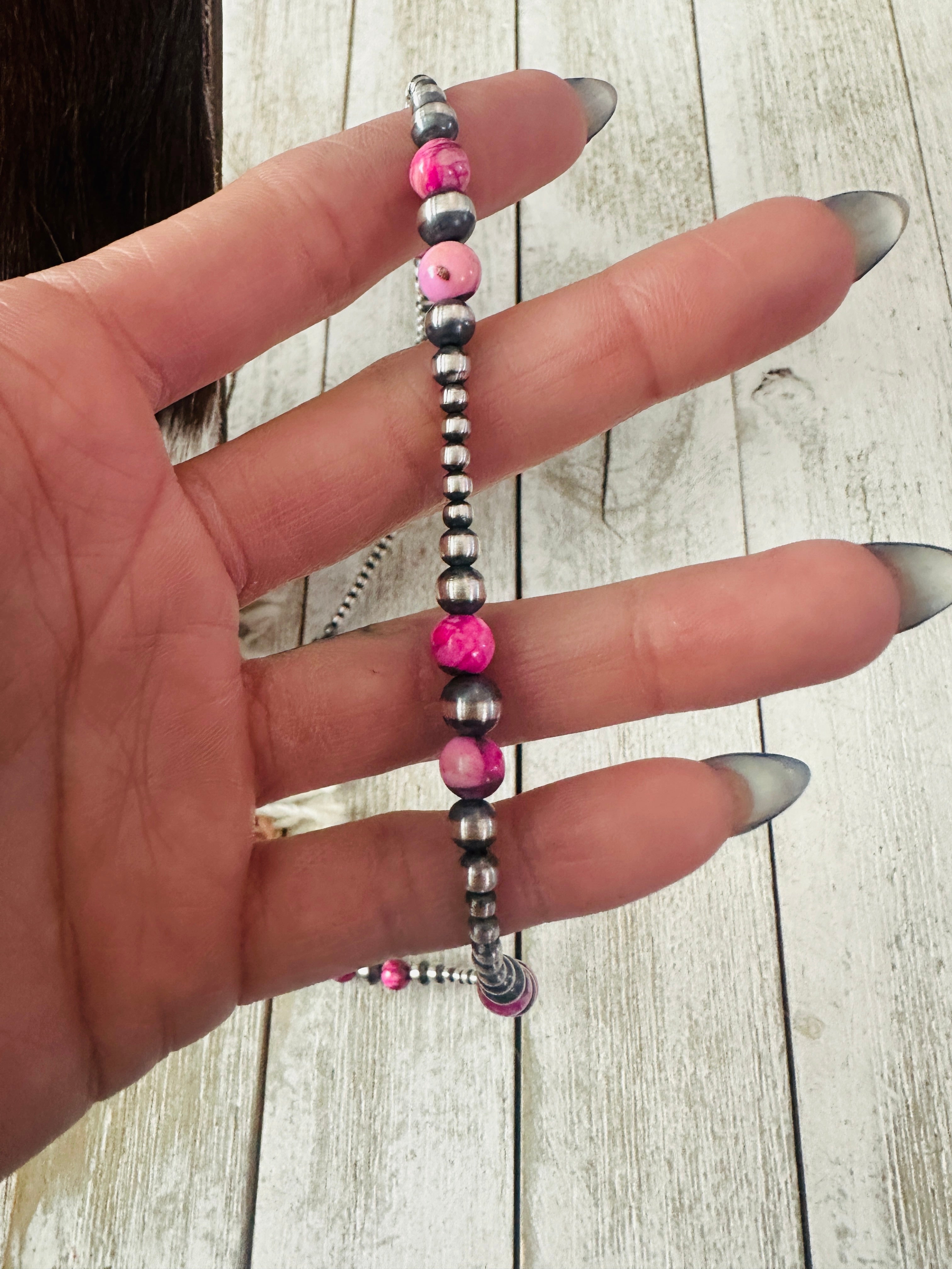 Handcrafted Sterling Silver & Pink Mojave Beaded Necklace