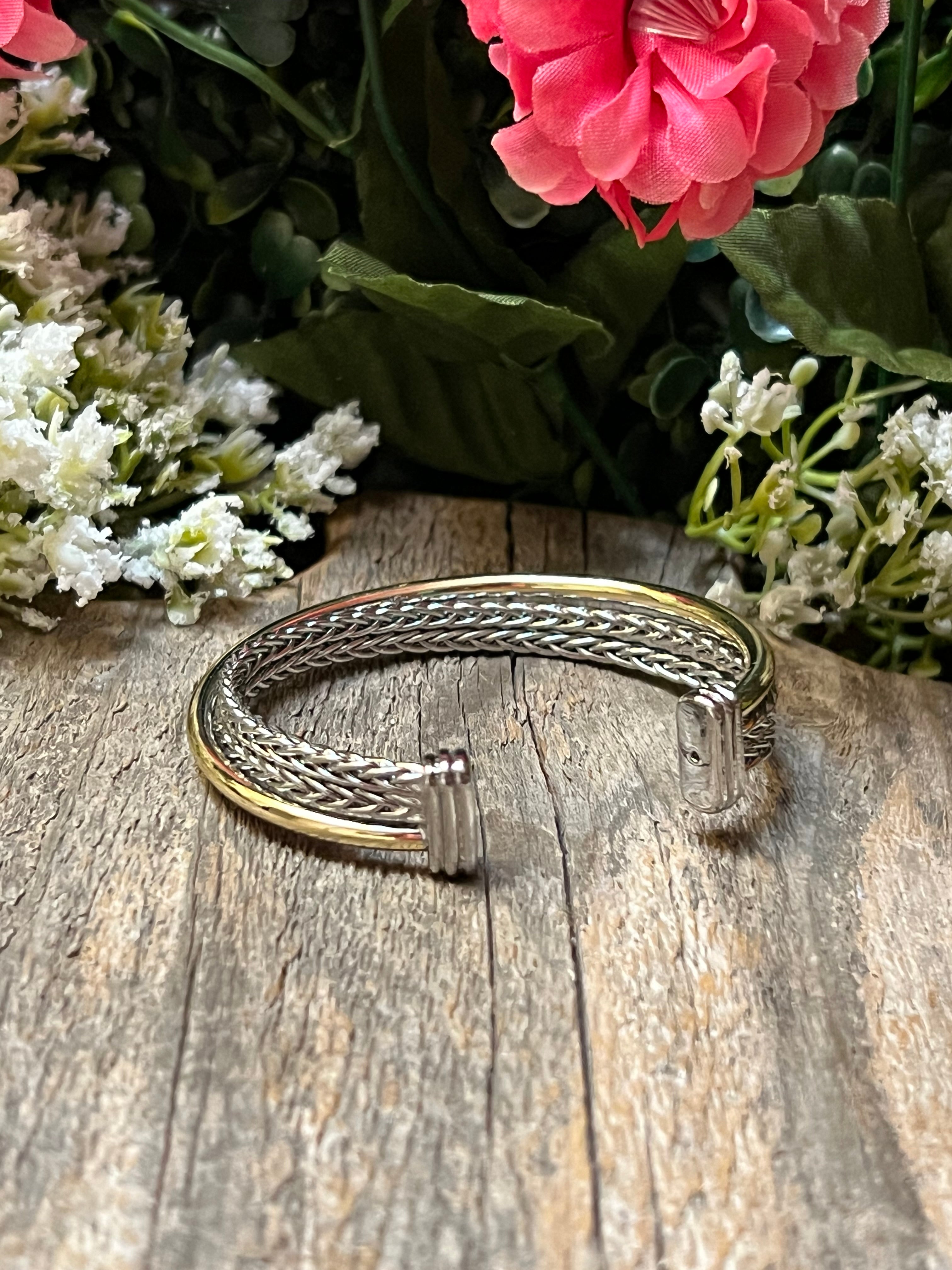 Silver & 14k Gold Plated Two Tone Ponytail Crossover Bangle Bracelet