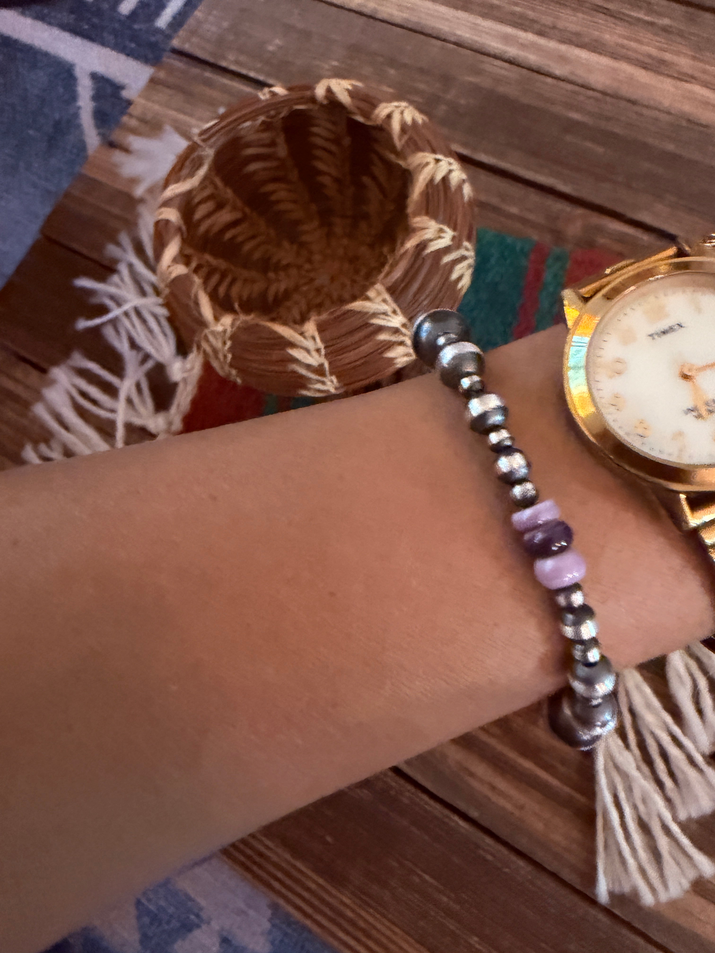 Handcrafted Wampum & Sterling Silver Pearl Beaded Bracelet