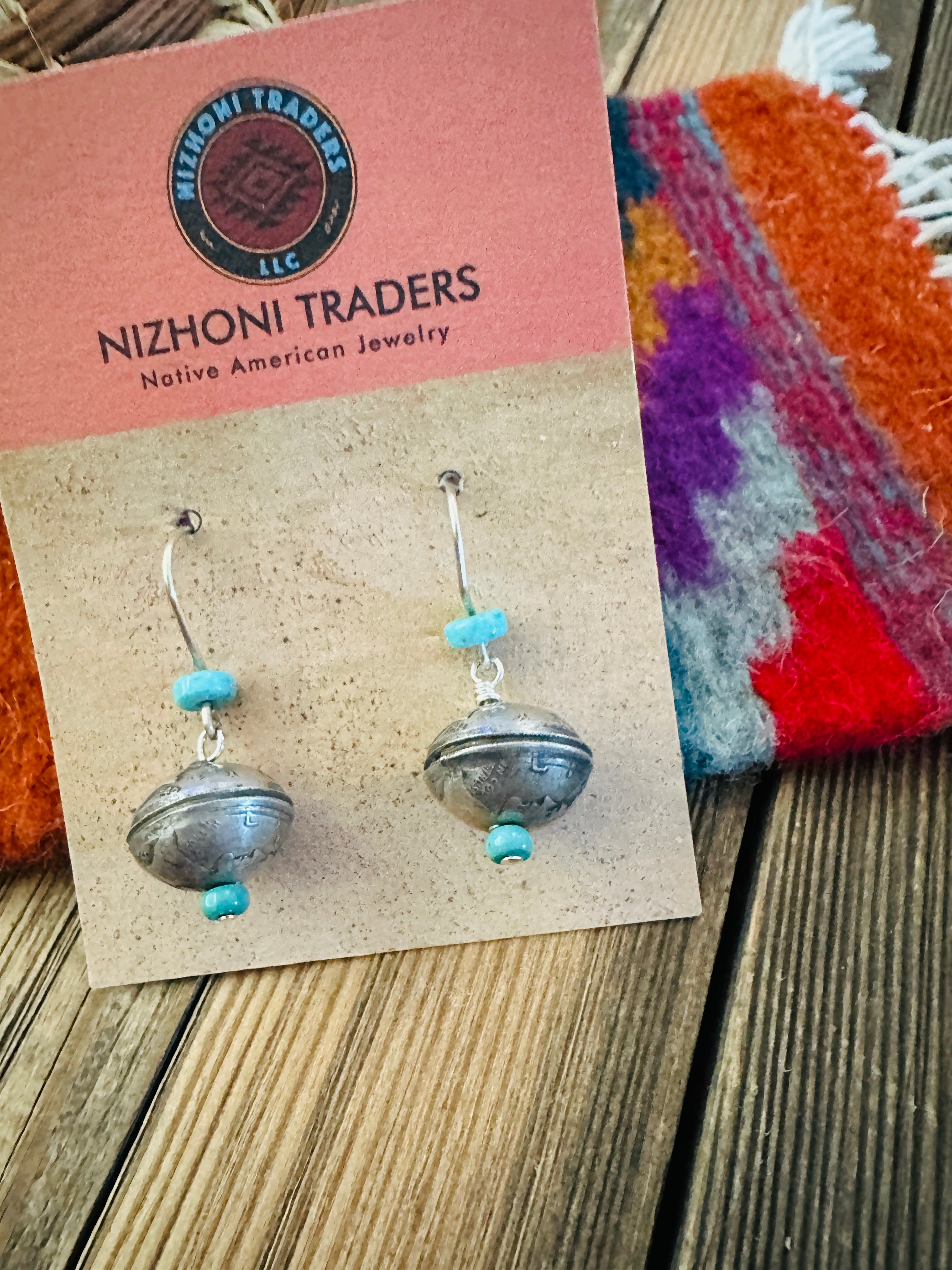 Handcrafted Turquoise & Sterling Silver Liberty Dime Bead Dangle Earrings