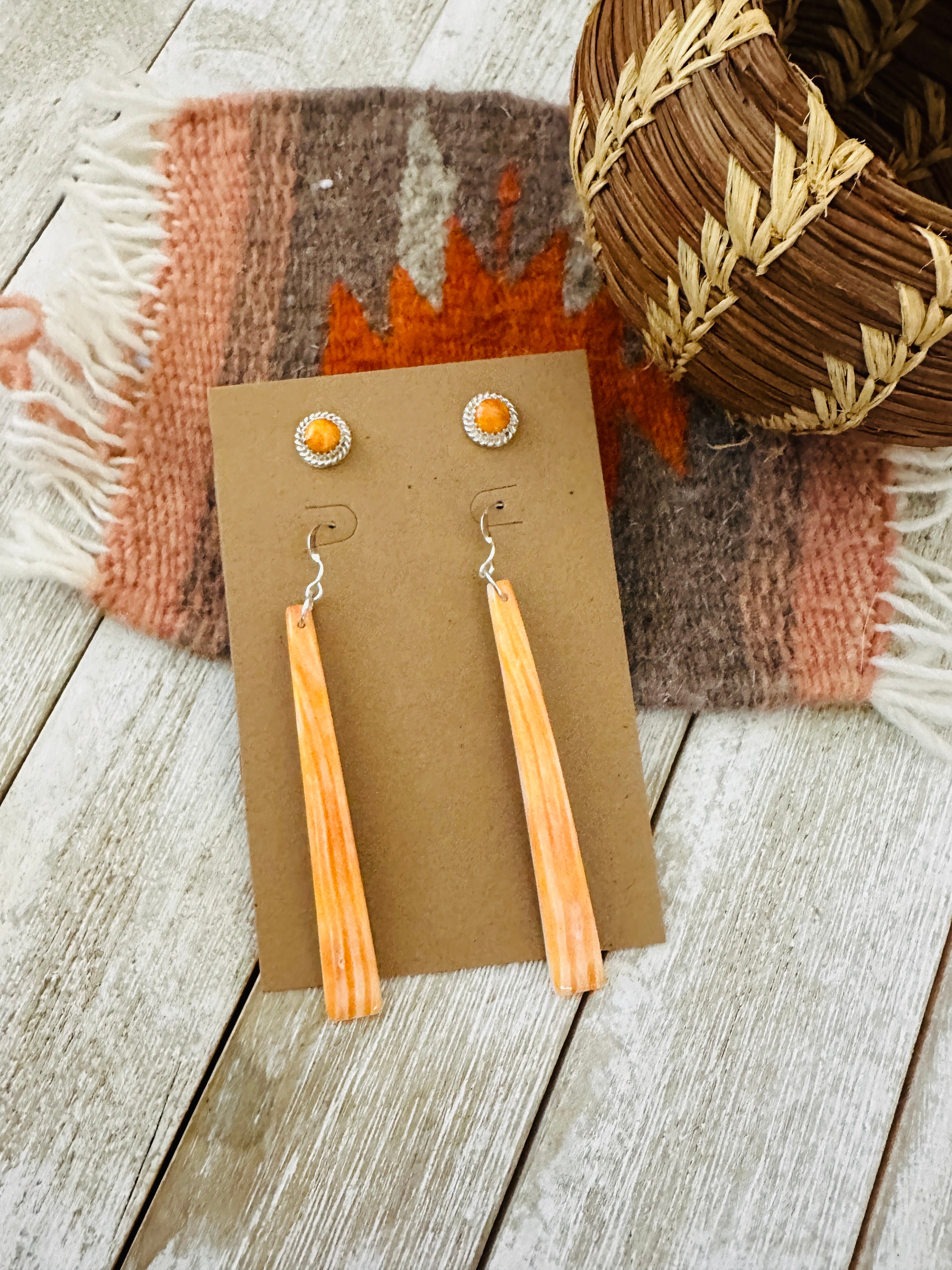 Handcrafted Orange Spiny Slab Dangle & Stud Earring Set