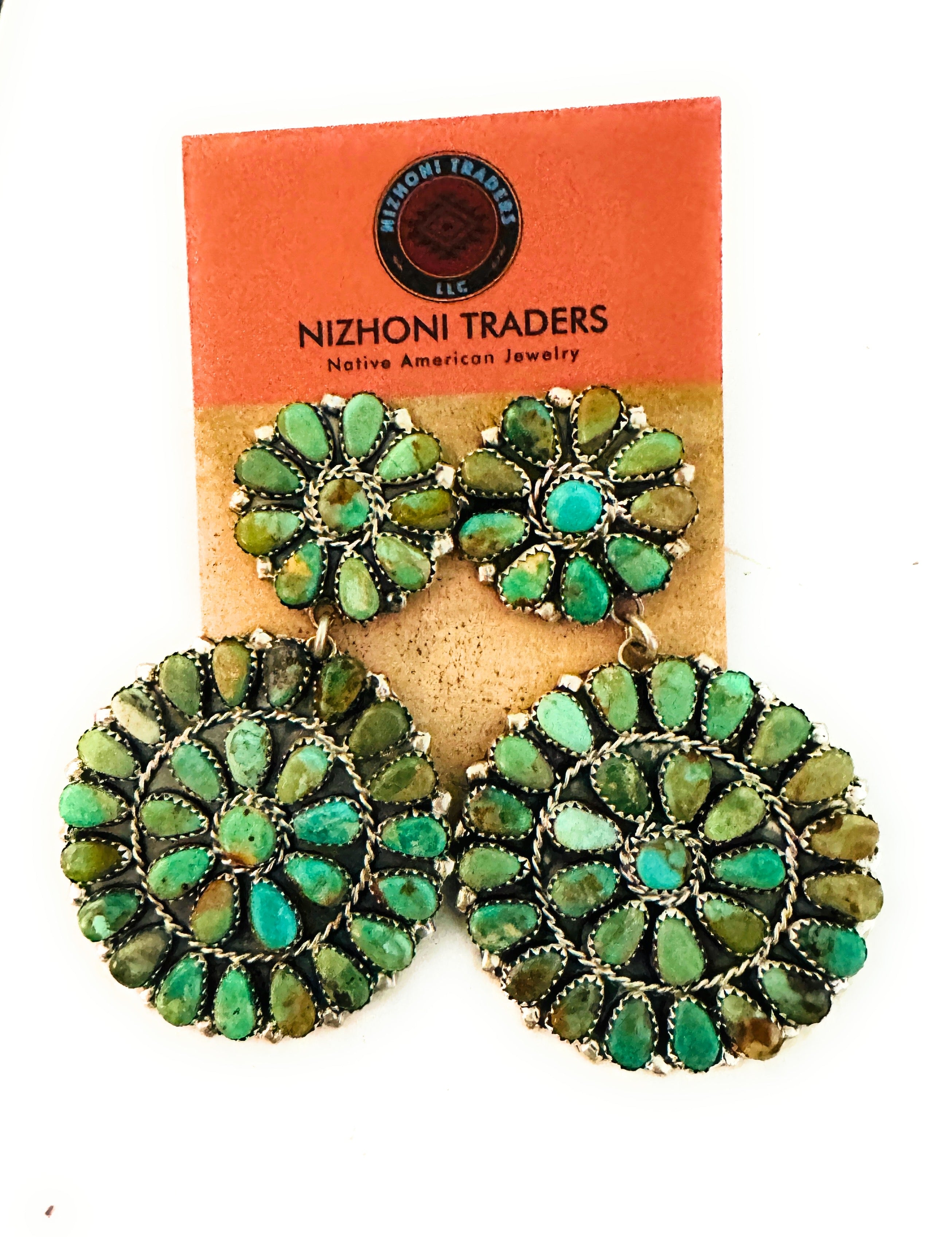 Handcrafted Royston Turquoise & Sterling Silver Cluster Dangle Earrings