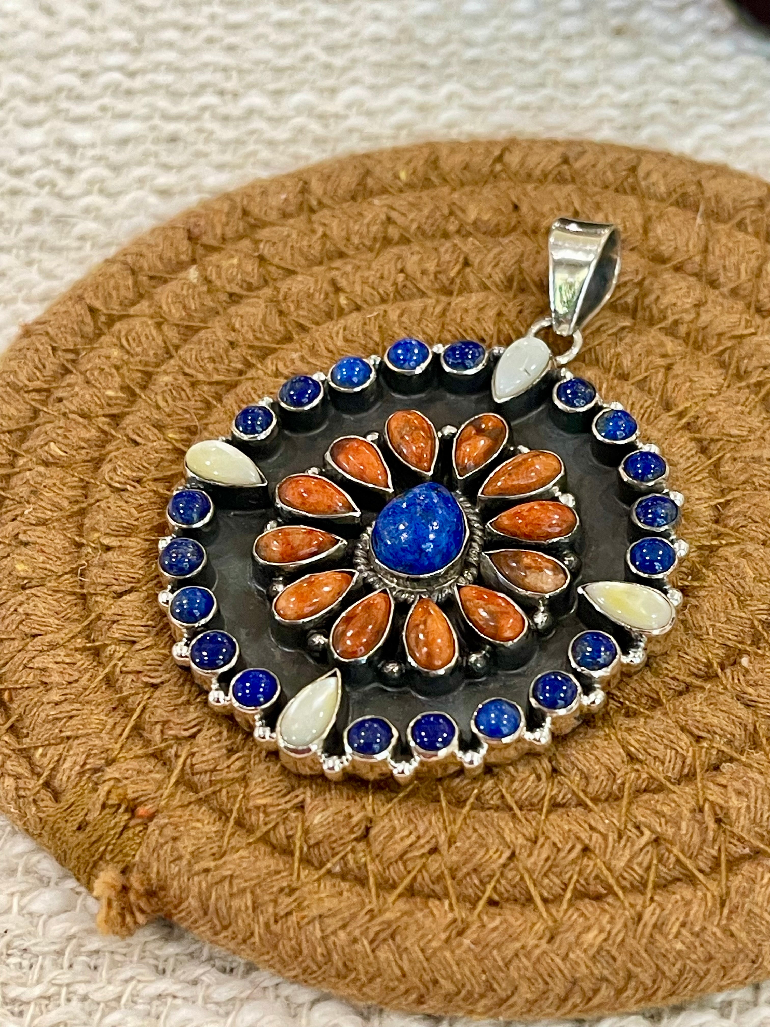 ** 4TH OF JULY ** Handmade Sterling Silver, Lapis Cluster Pendant with Signed Nizhoni