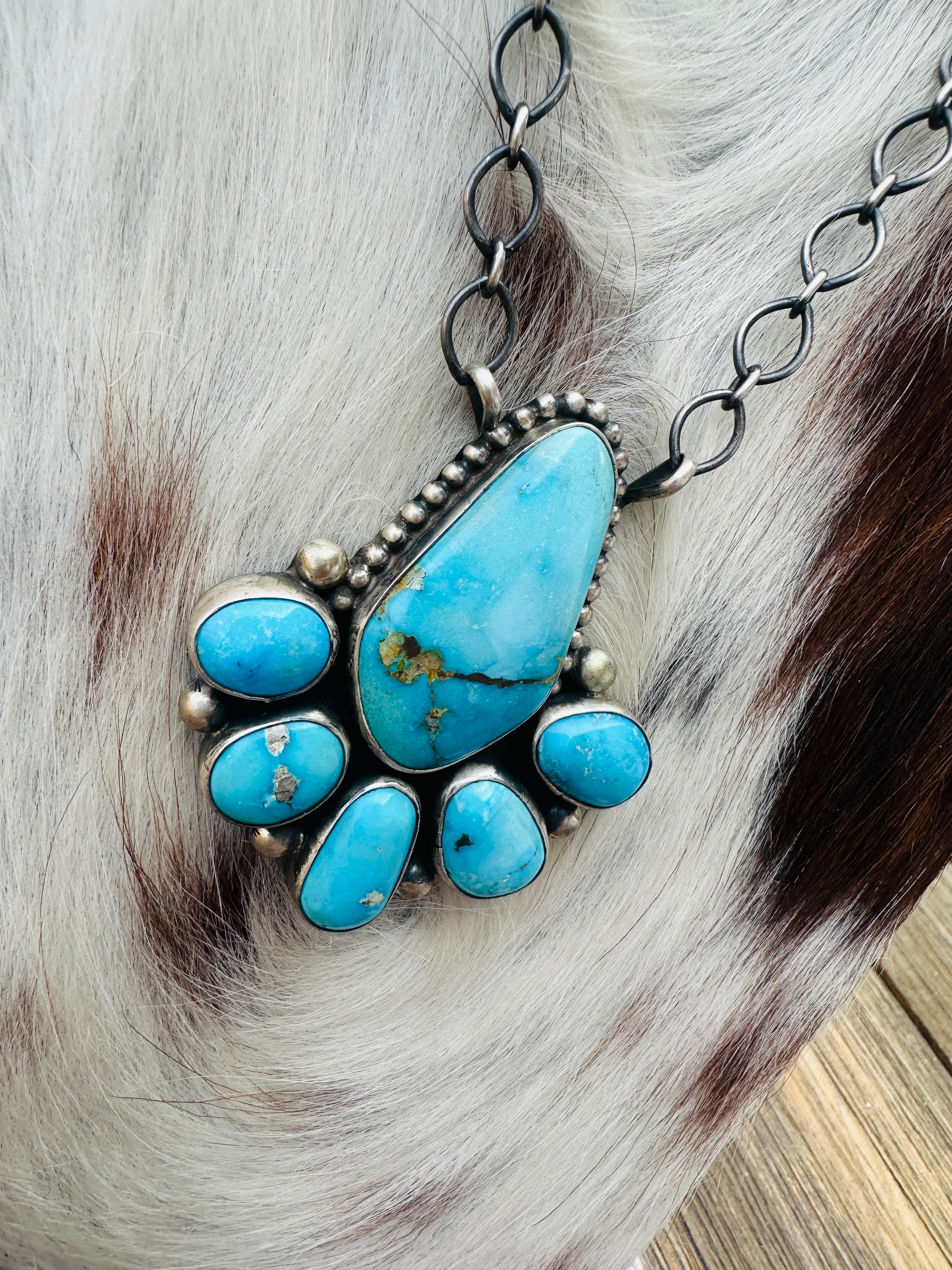 Handcrafted Turquoise & Sterling Silver Cluster Necklace by Kathleen Chavez