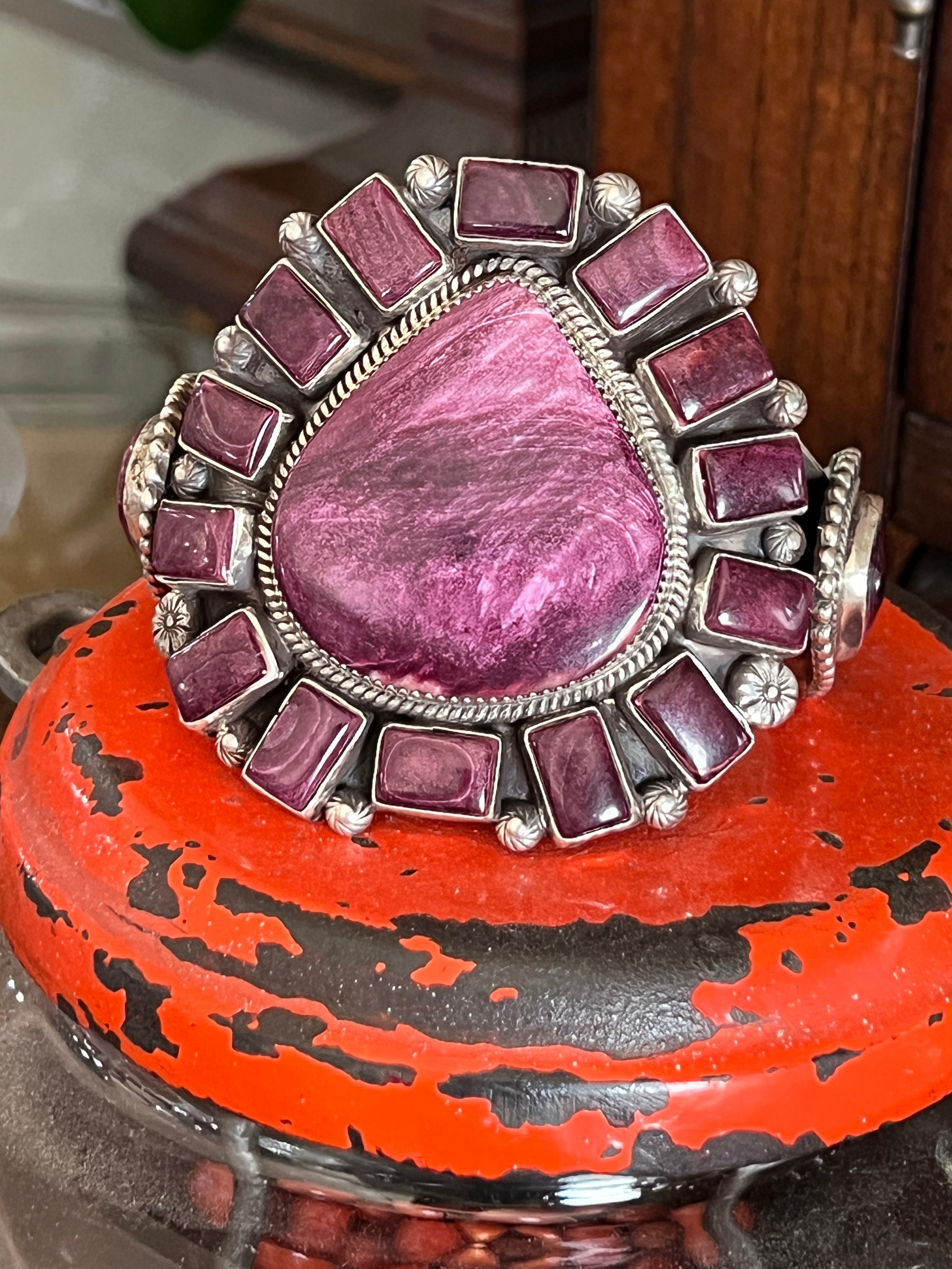 Handcrafted Sterling Silver and Purple Spiny Oyster Shell Cuff Bracelet by Tyler Brown /