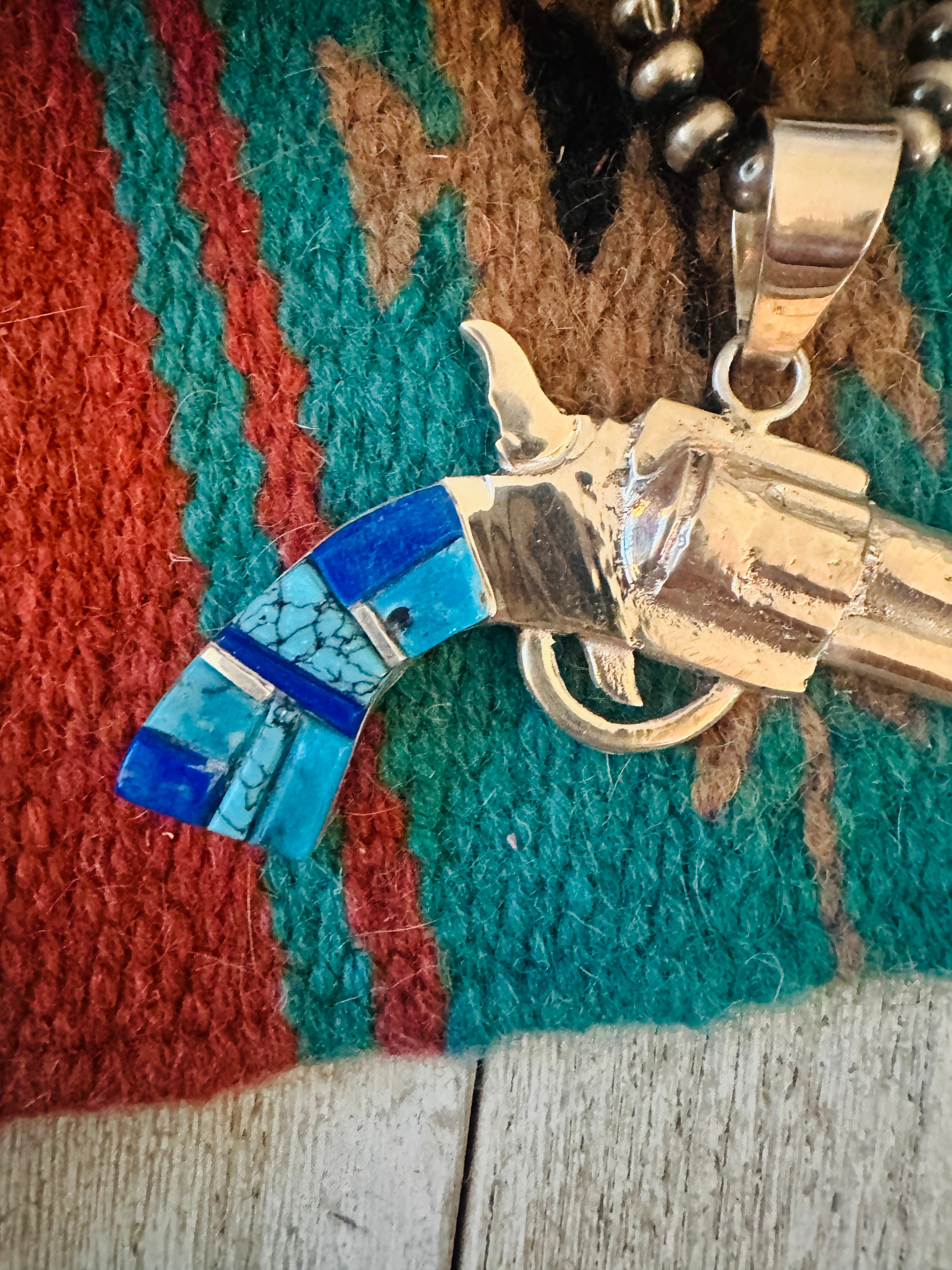Handcrafted Sterling Silver & Turquoise Inlay Pistol Pendant