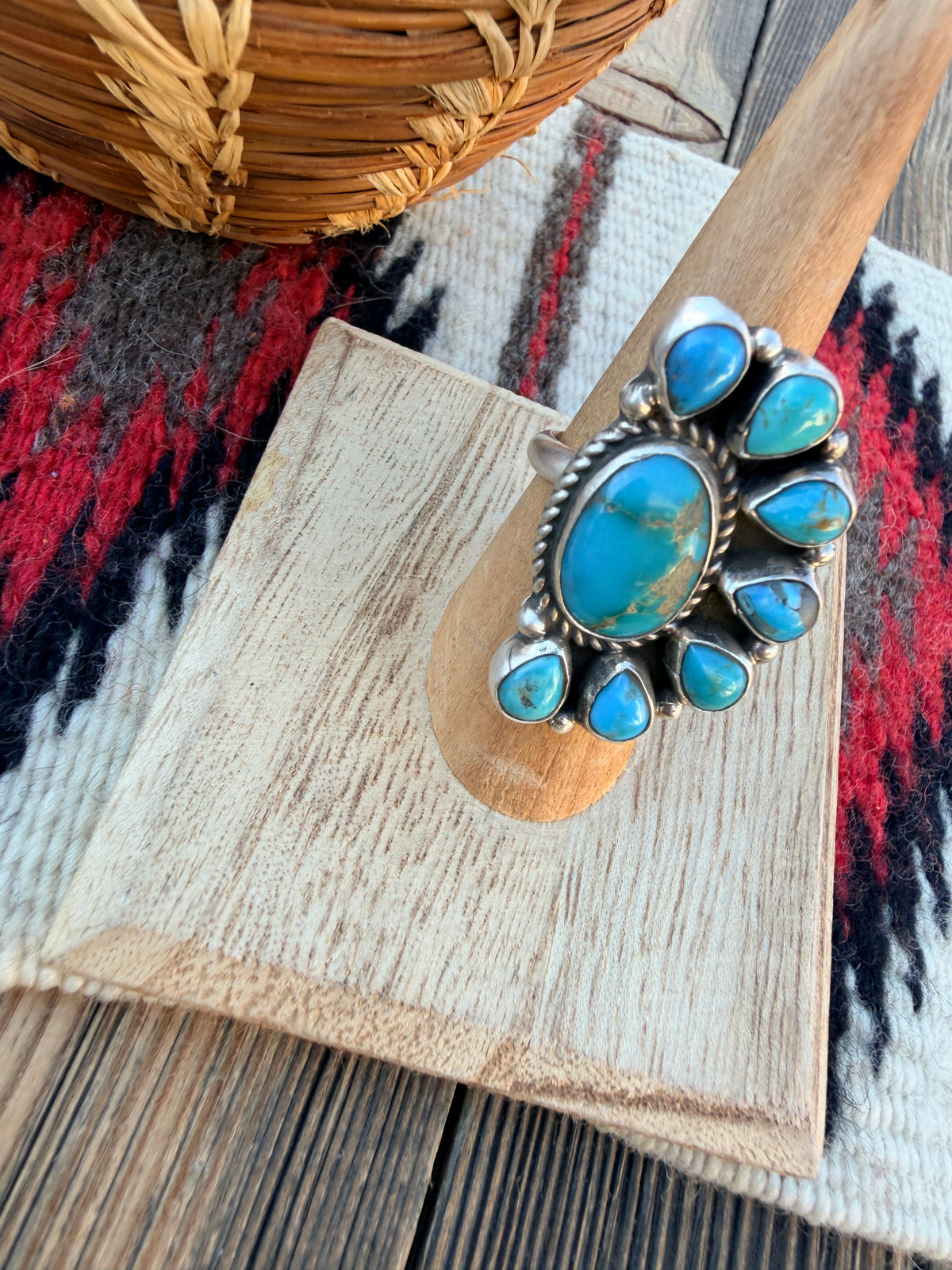 Handcrafted Turquoise & Sterling Silver Cluster Adjustable Ring by Geraldine James
