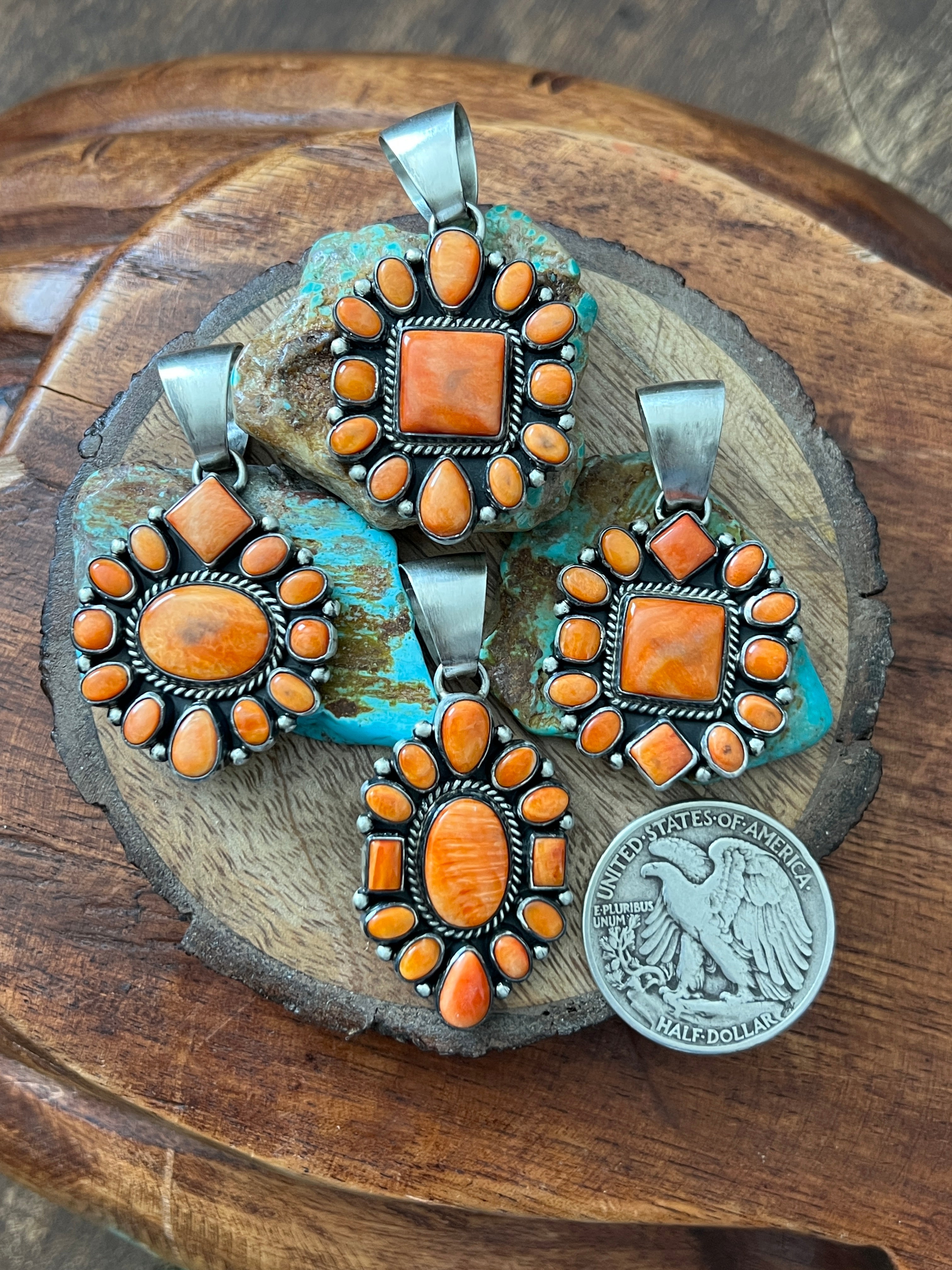 Handcrafted Sterling Silver and Burnt Spiny Oyster Shell Cluster Pendants by Loretta Delgarito