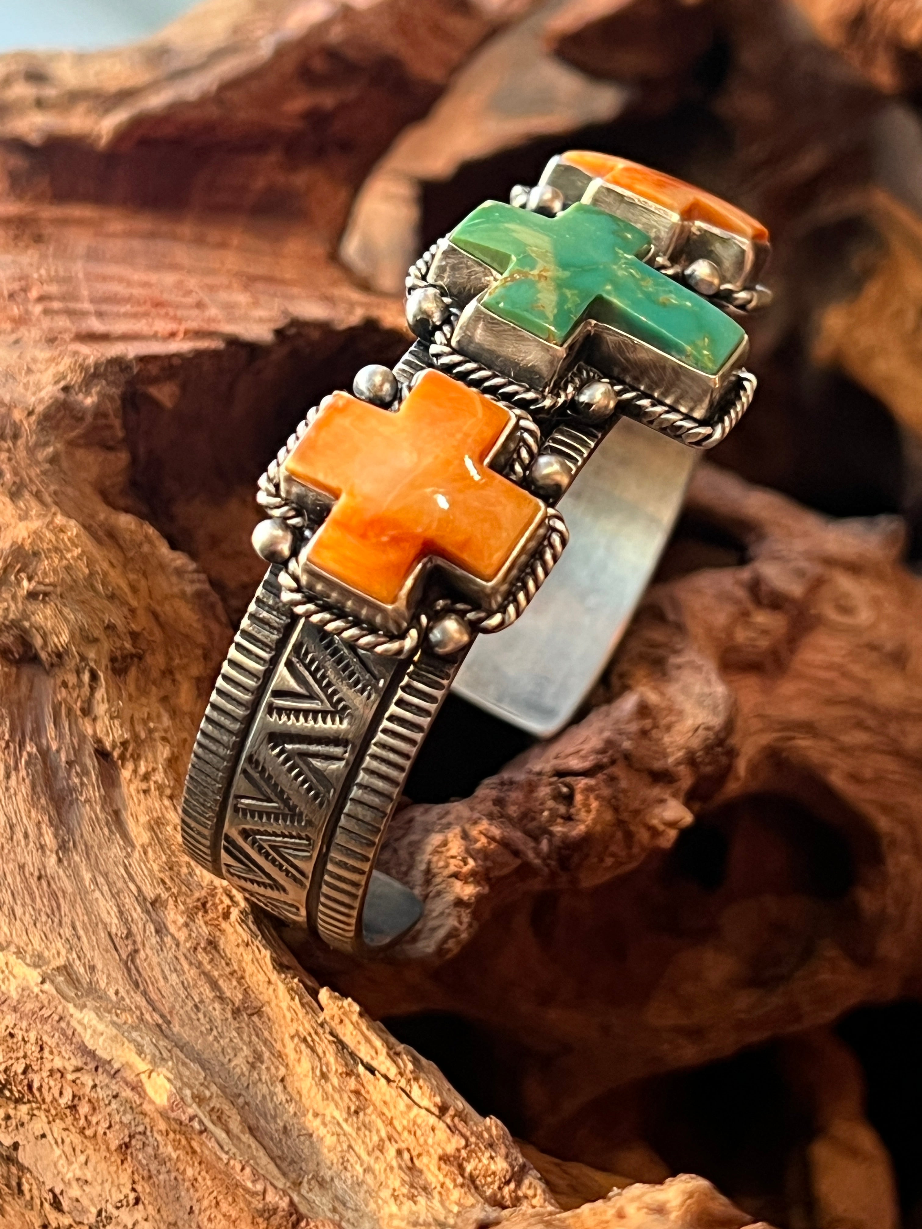 Handcrafted Hand Stamped Sterling Silver, Kingman Turquoise and Spiny Oyster Cross Cuff Bracelet by Bernyse Chavez