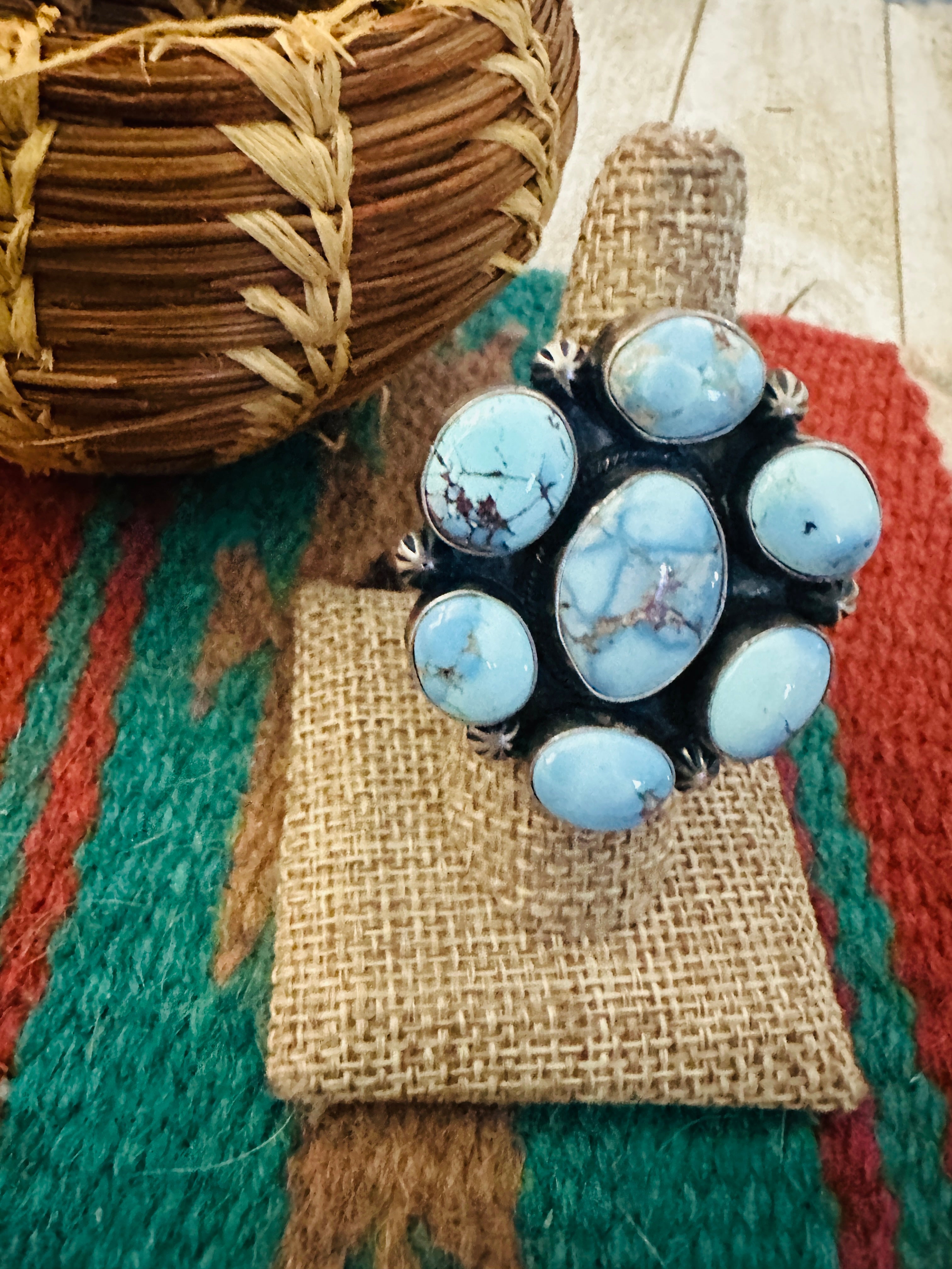 Handcrafted Golden Hills Turquoise & Sterling Silver Ring Size 7.5 by Paul Livingston