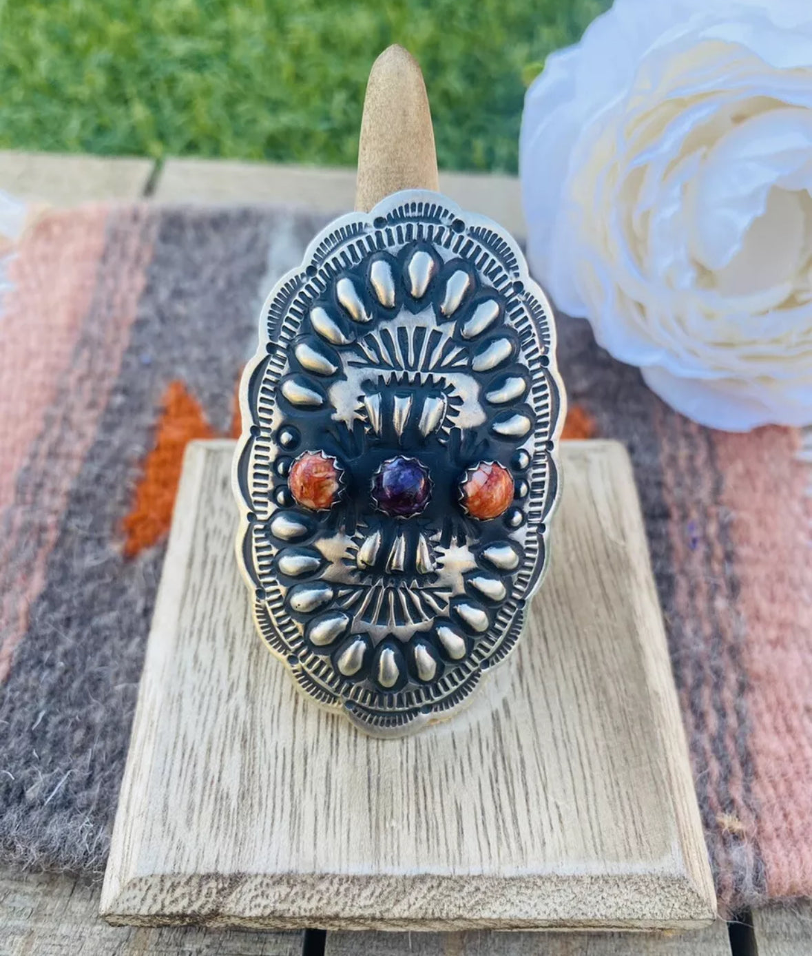 Handcrafted Spiny, Sterling Silver Adjustable Concho Ring by Leander Tahe