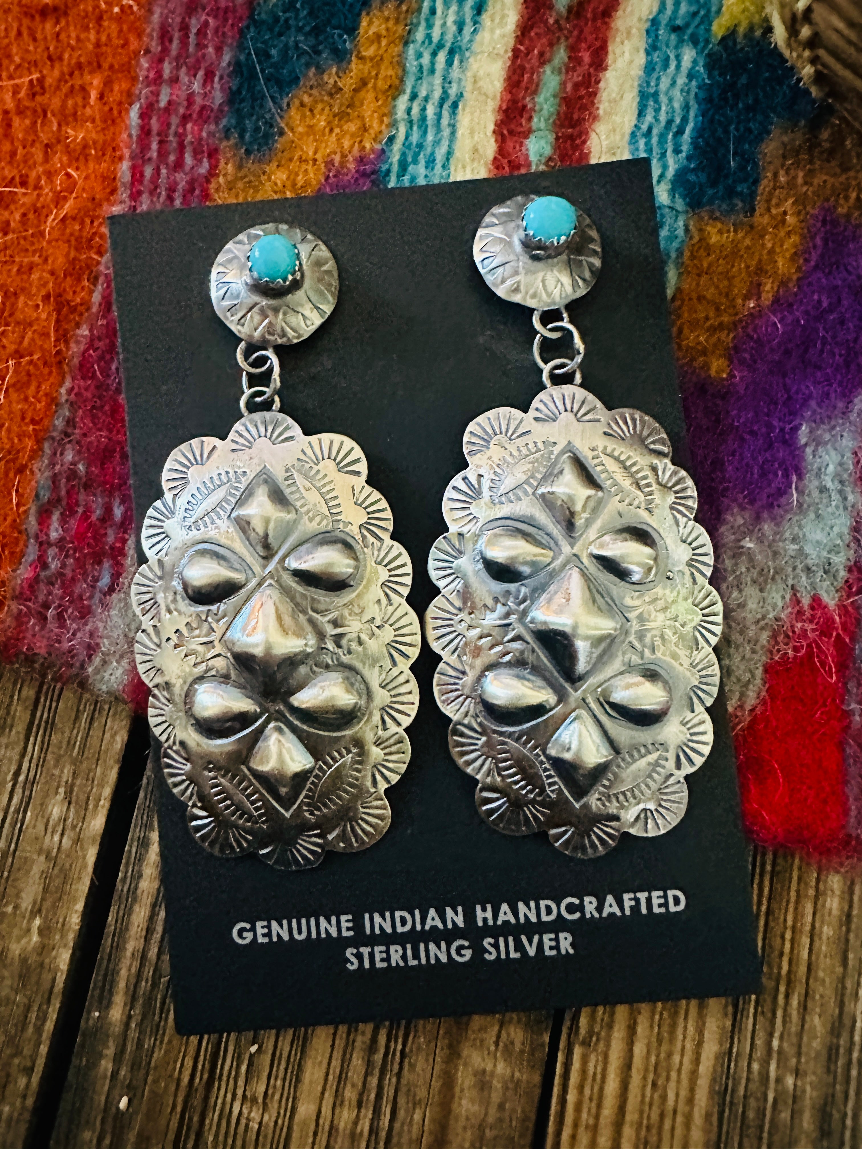 Handcrafted Turquoise & Sterling Silver Concho Dangle Earrings by Tim Yazzie