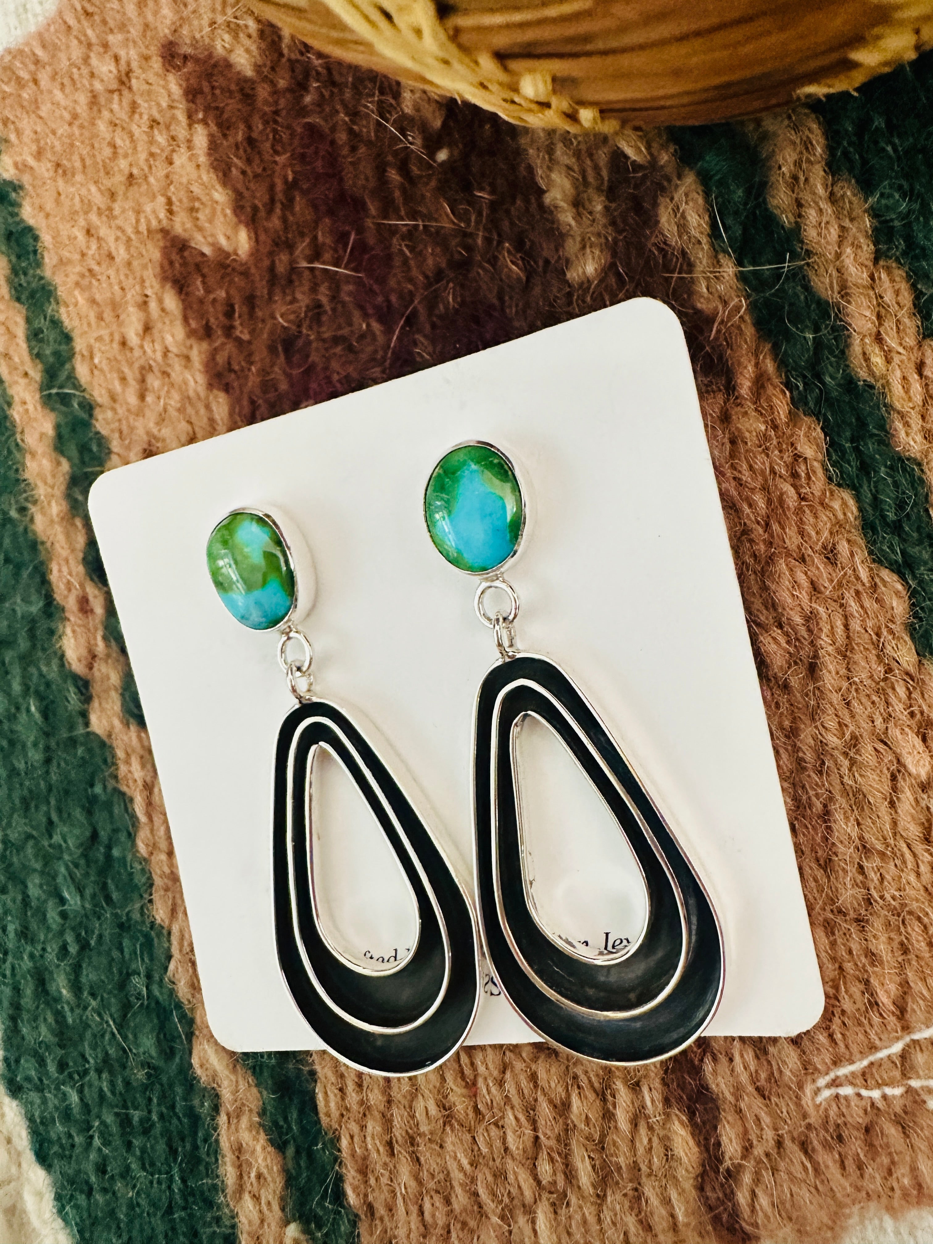 Handcrafted Sonoran Gold Turquoise & Sterling Silver Dangle Earrings Signed