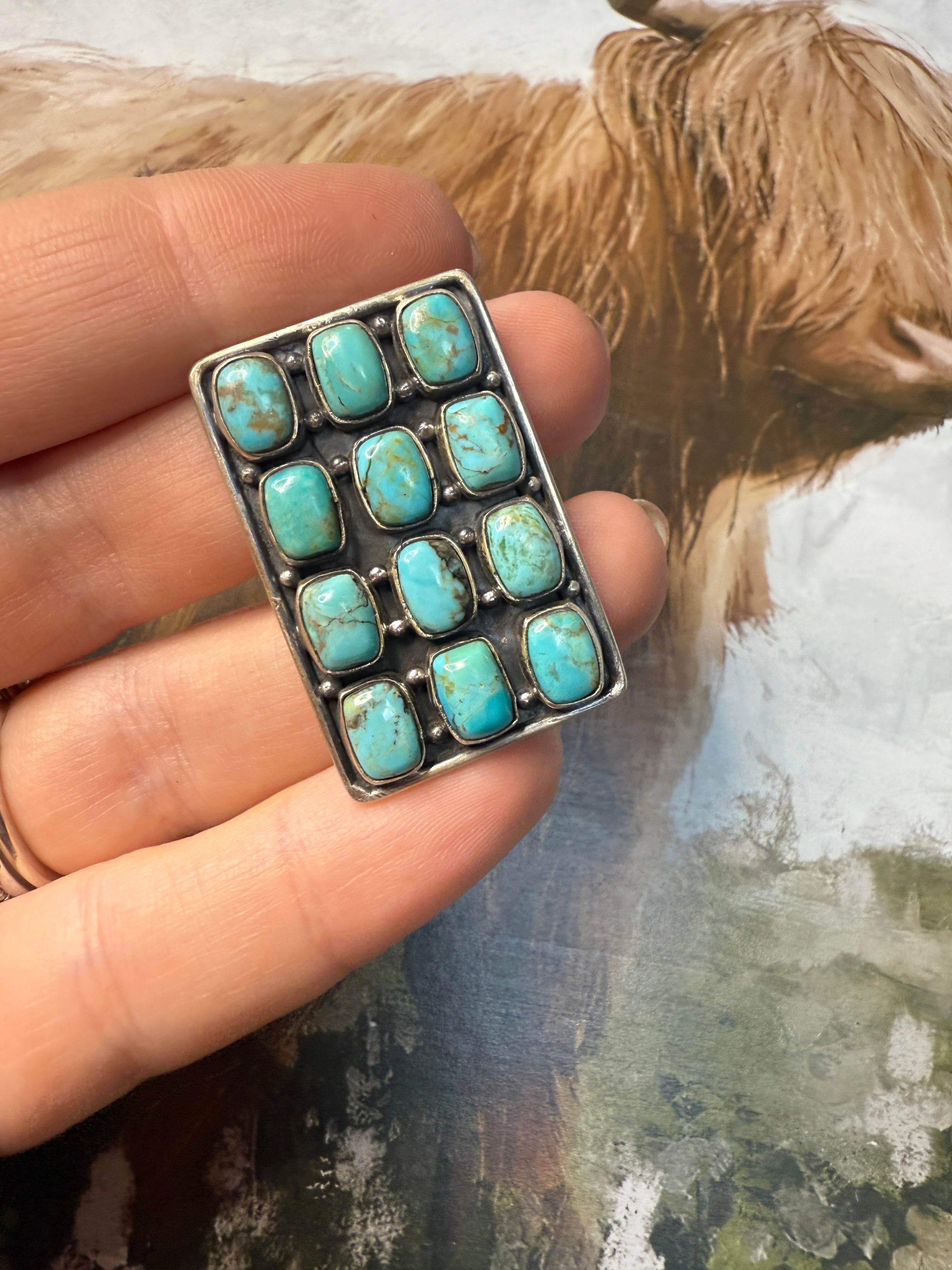 Handmade Kingman Turquoise And Sterling Silver Adjustable 12 Stone Ring