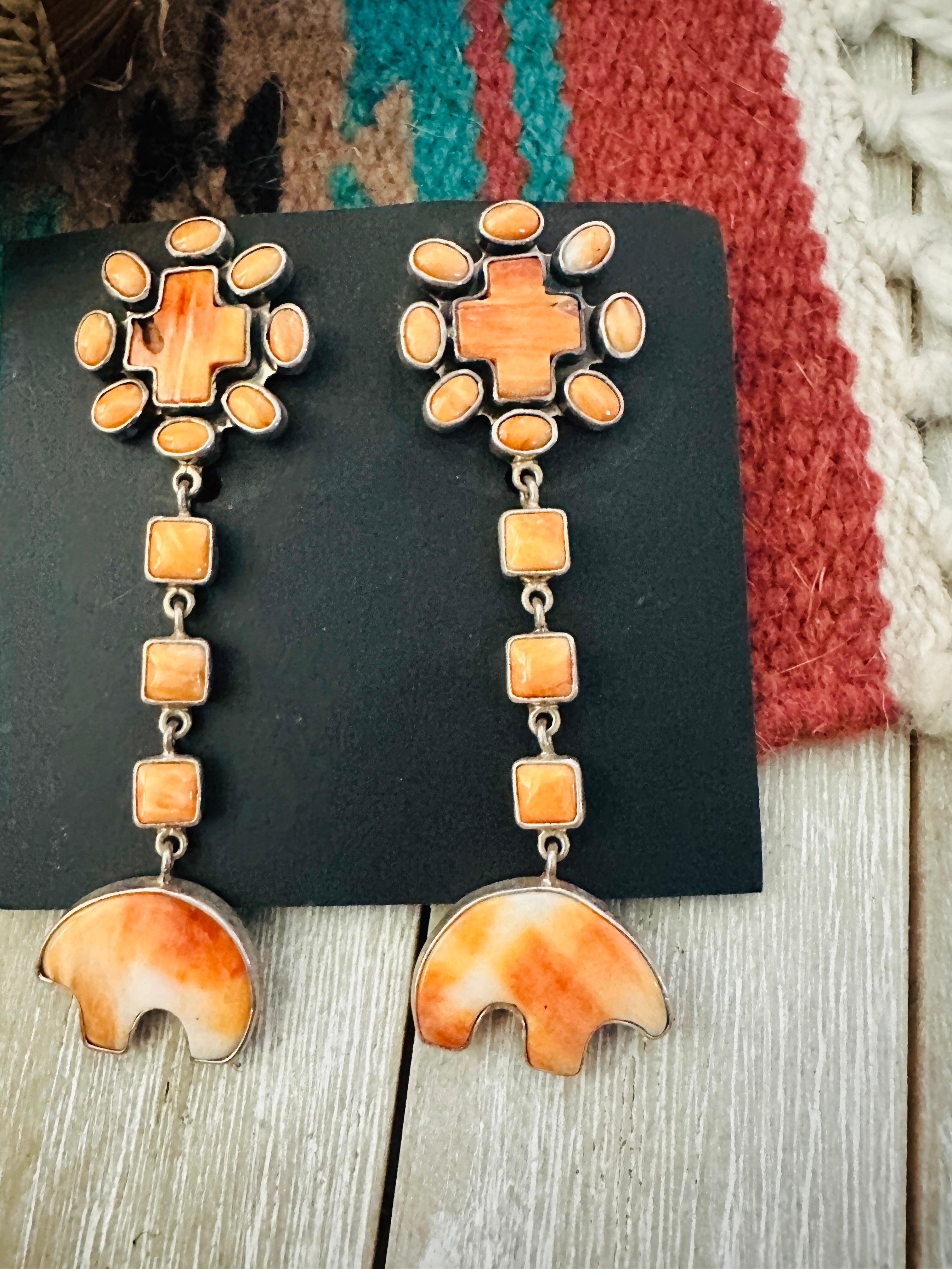 Handcrafted Orange Spiny & Sterling Silver Bear Dangle Earrings by Federico Jimenez