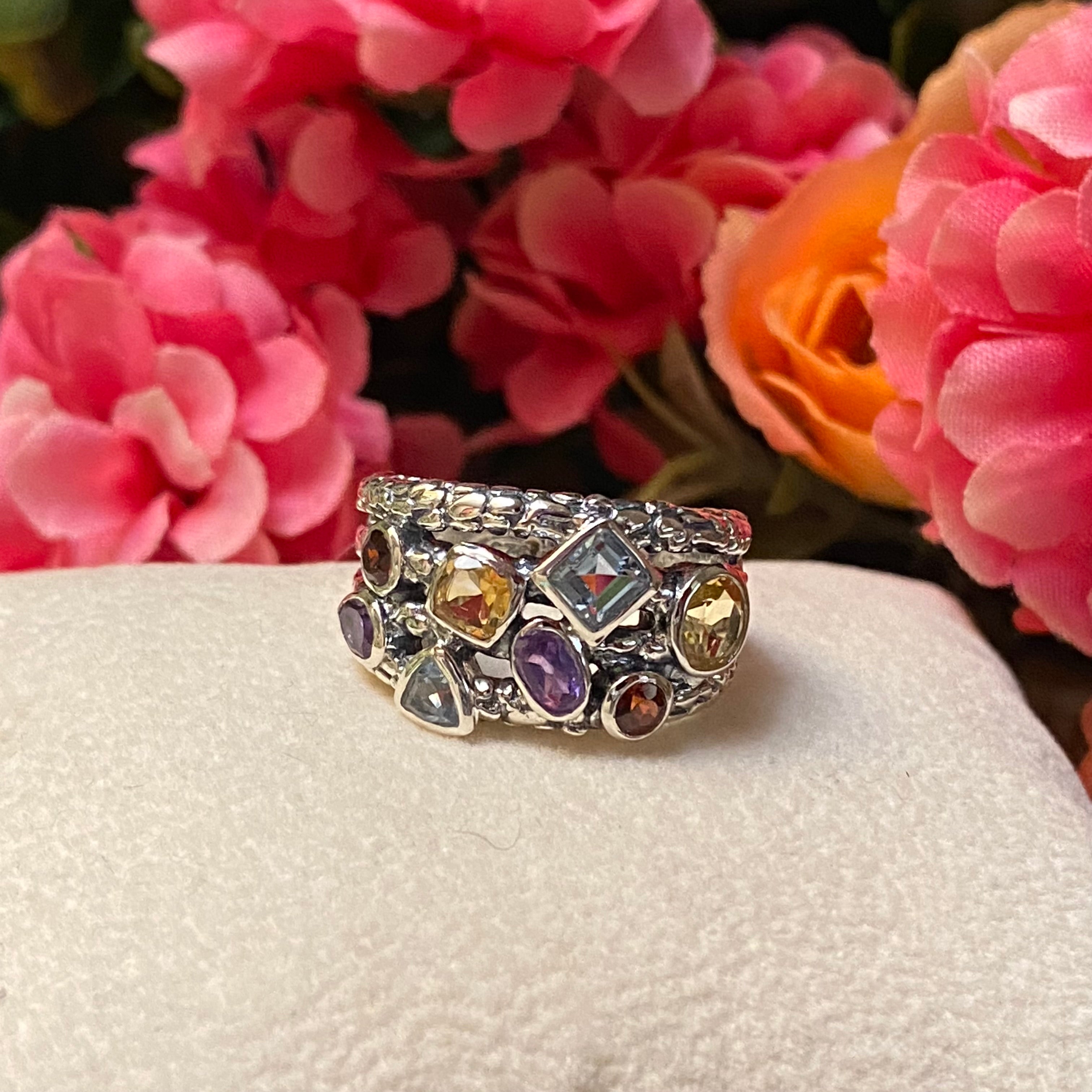 Sterling Silver Amethyst, Blue Topaz, Citrine, & Garnet Ring Size 7.5