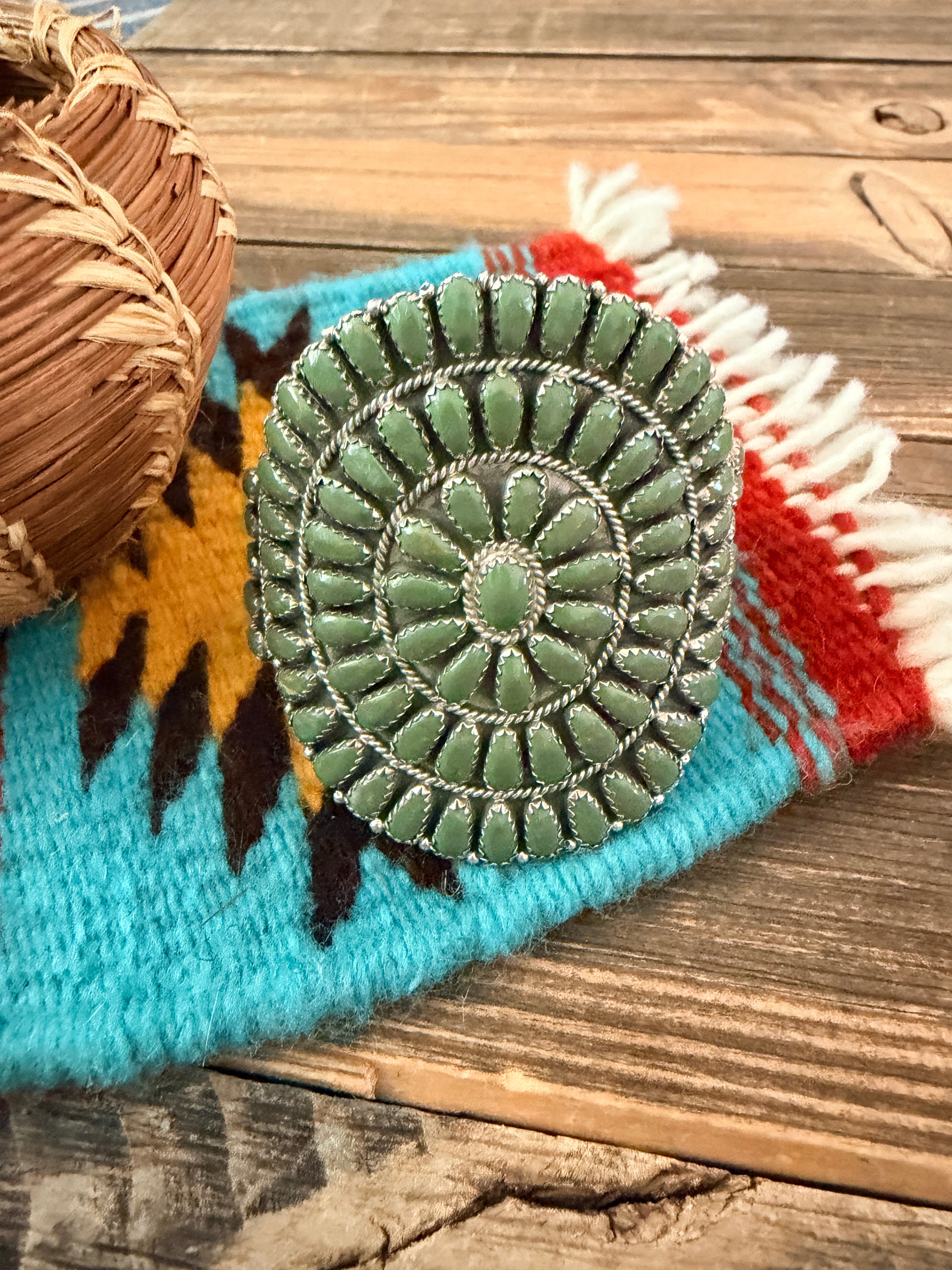 Handcrafted Sterling Silver & Green Turquoise Cluster Cuff Bracelet by Larry Moses Begay
