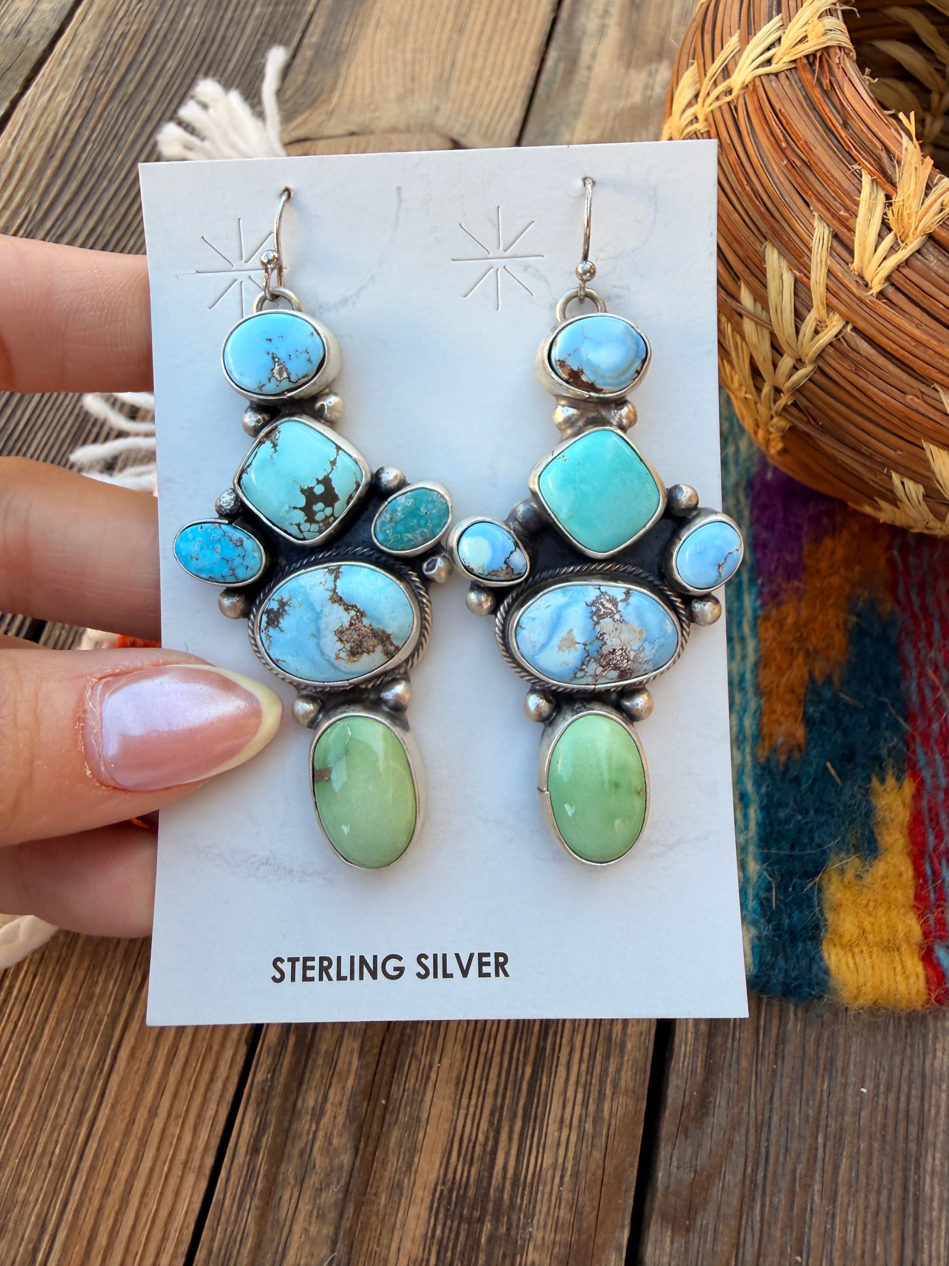 Handcrafted Multi Turquoise & Sterling Silver Cluster Dangle Earrings by Travis Jim