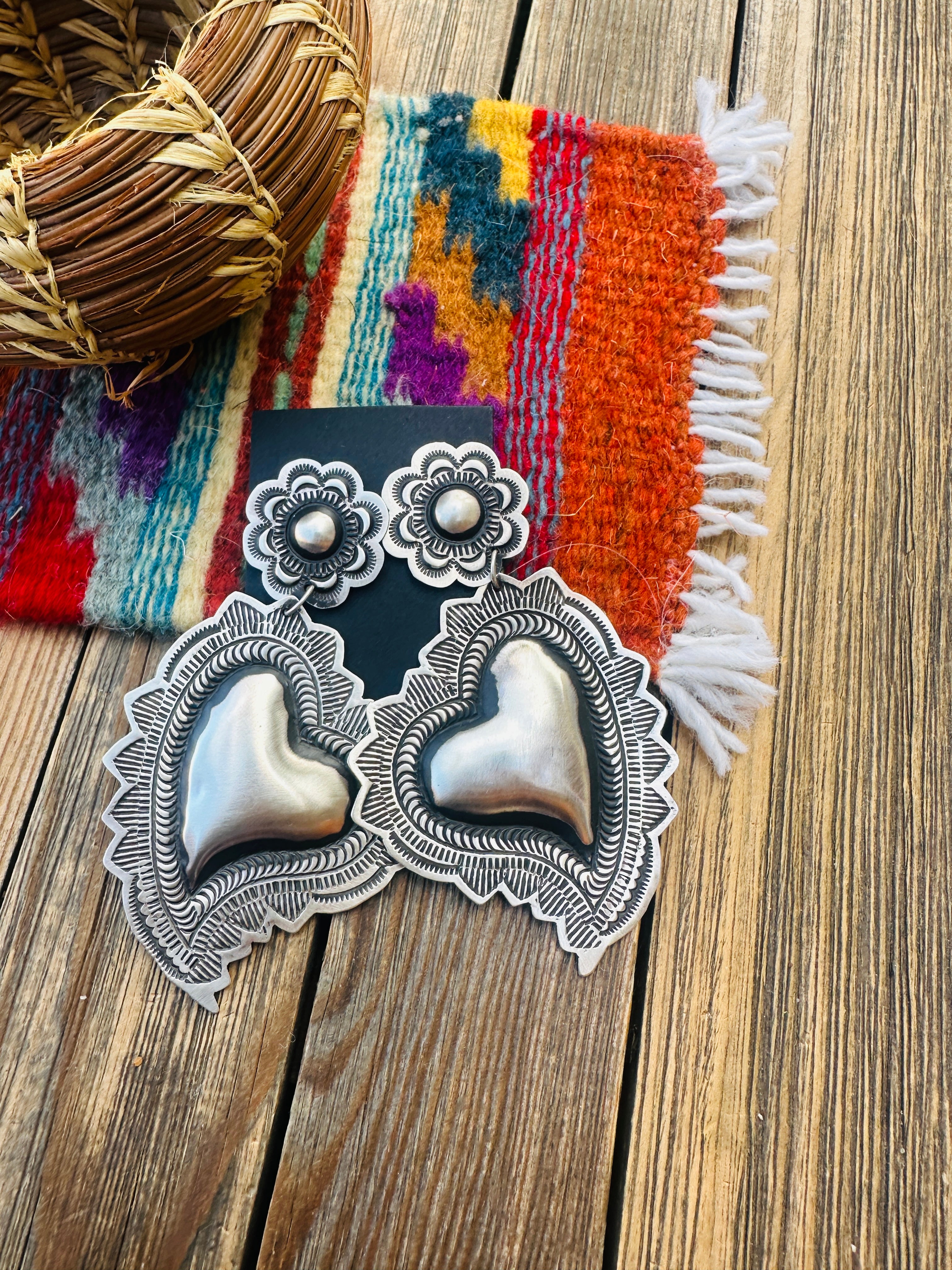 Handcrafted Sterling Silver Concho Heart Dangle Earrings by Leander Tahe