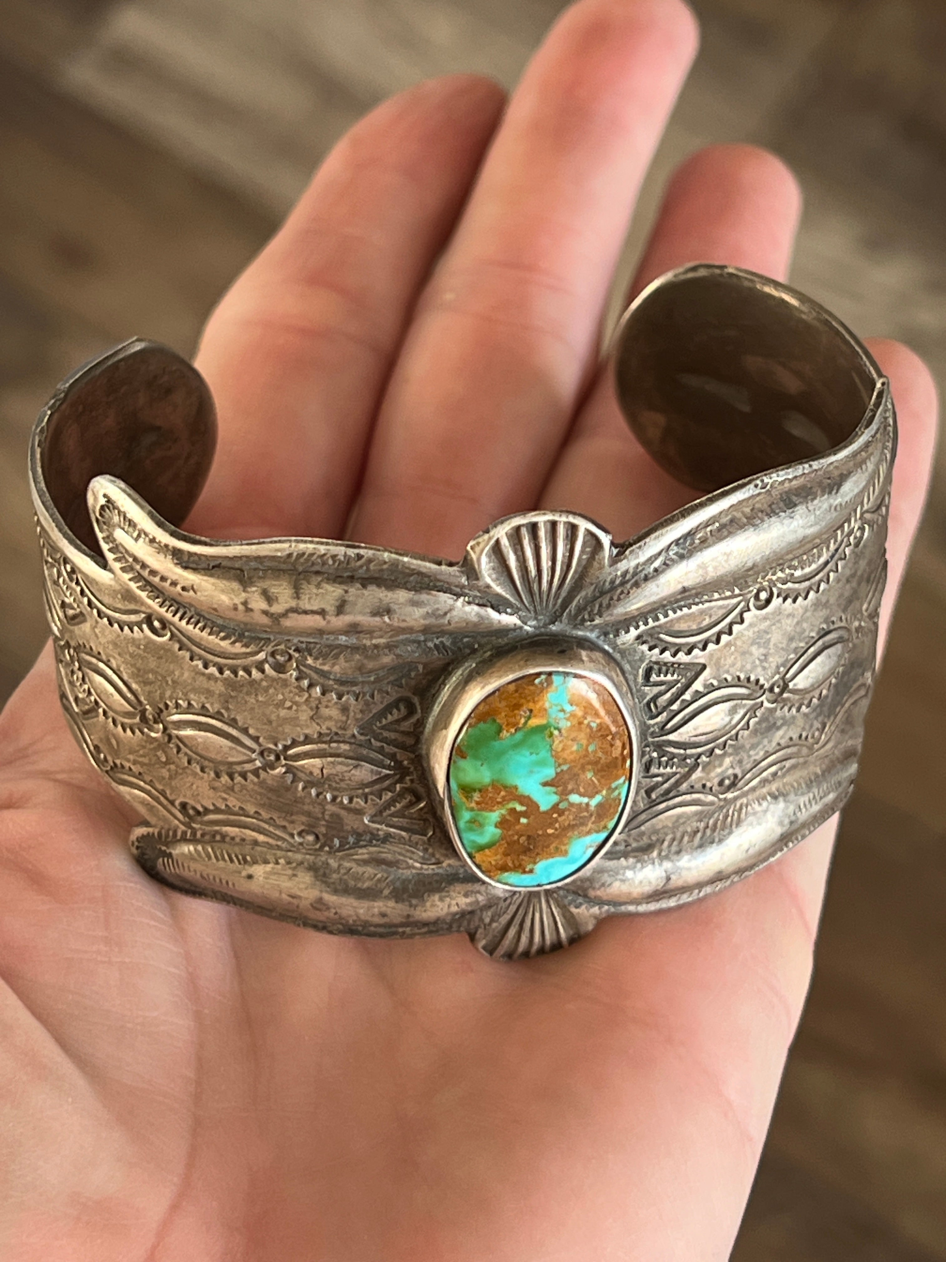 Handcrafted & Hand Forged Old Pawn Sterling Silver Ingot Turquoise Cuff Bracelet by Santa Fe Artist, Buffalo: The Royston