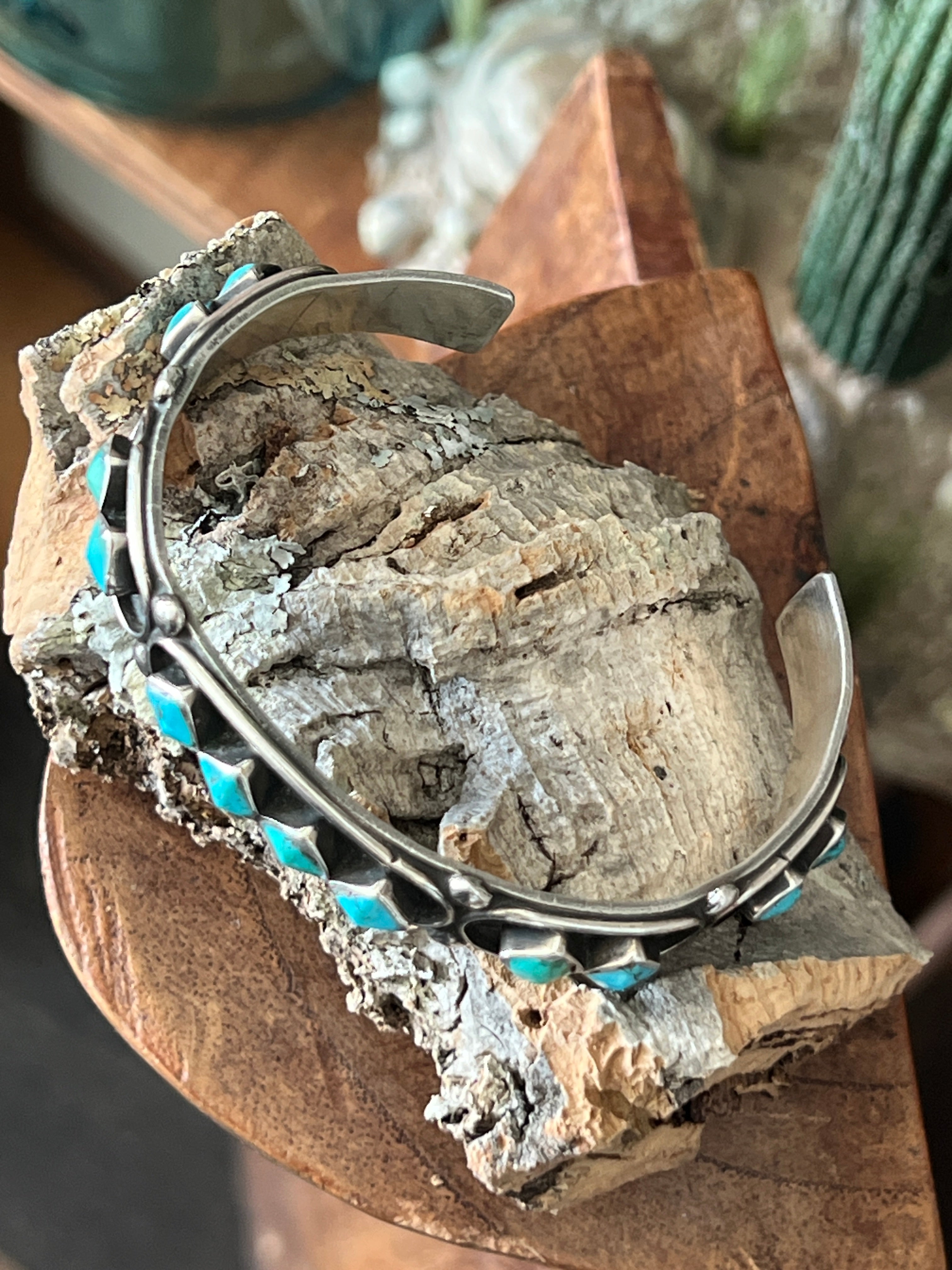 Handcrafted Vintage Sterling Silver and Four Diamond Turquoise Panel Stacker Cuff Bracelet