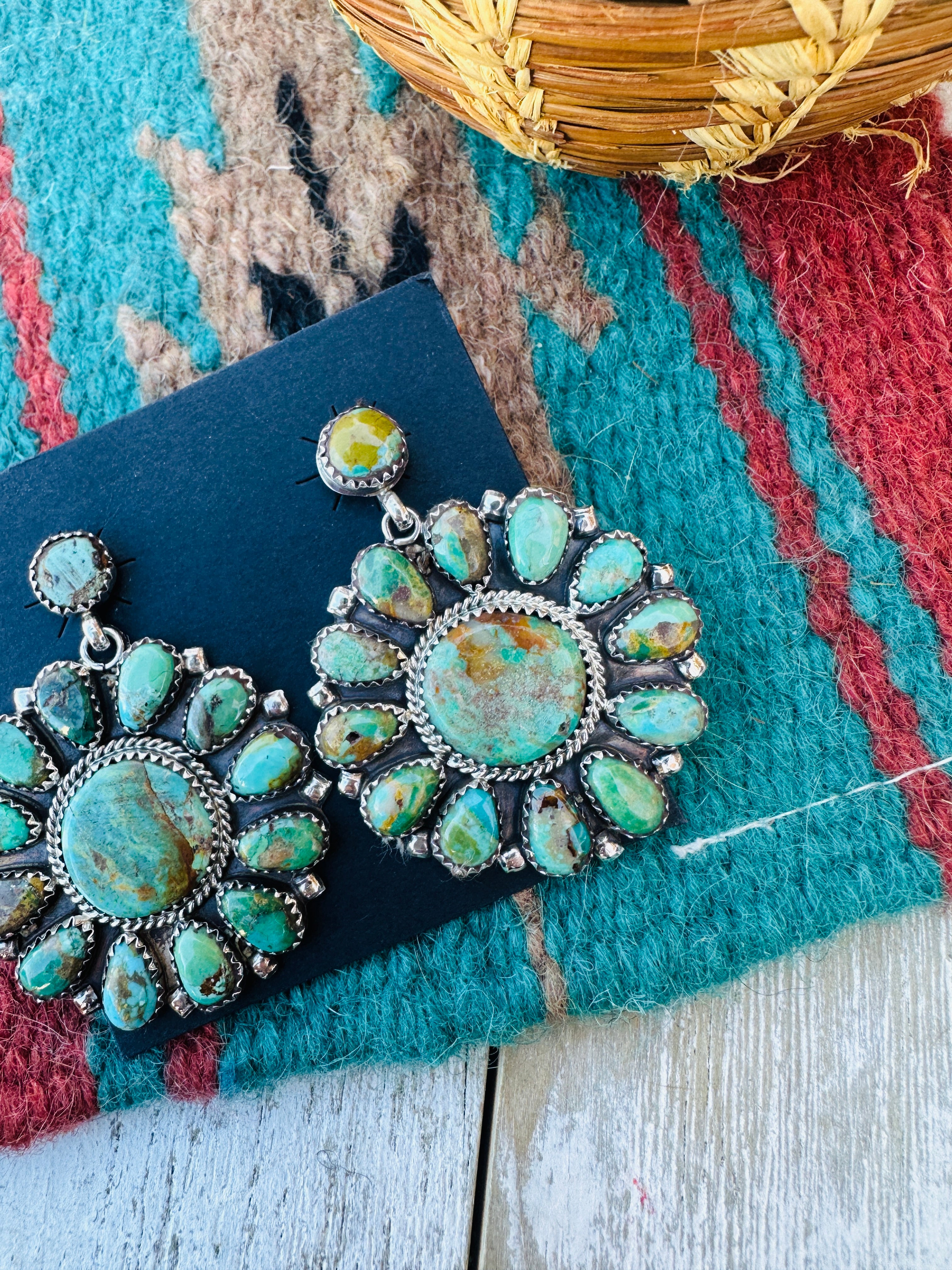 Handcrafted Turquoise & Sterling Silver Cluster Dangle Earrings