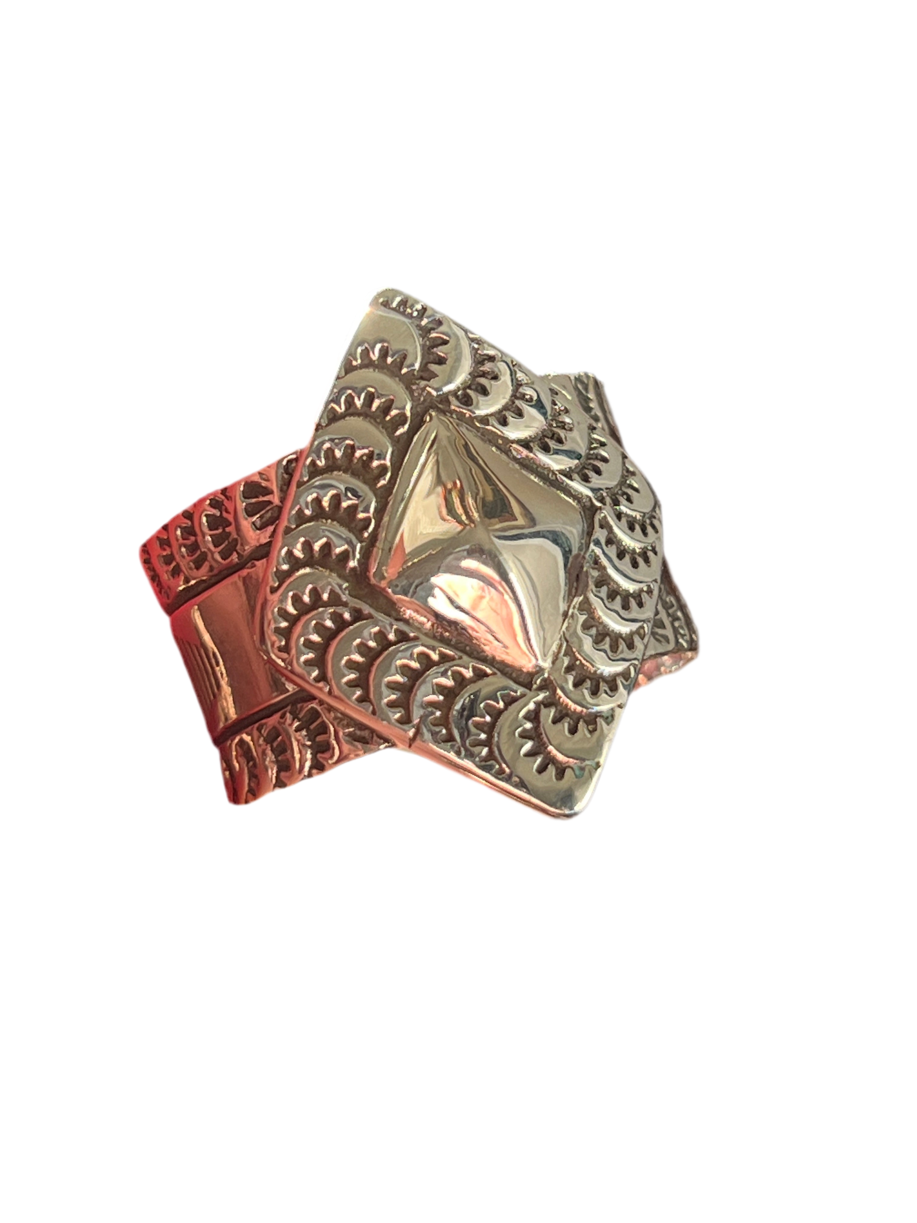 Handcrafted Hand Stamped Sterling Silver Diamond Motif Wide Shank Ring by Shaun Rogers, Size 11.5