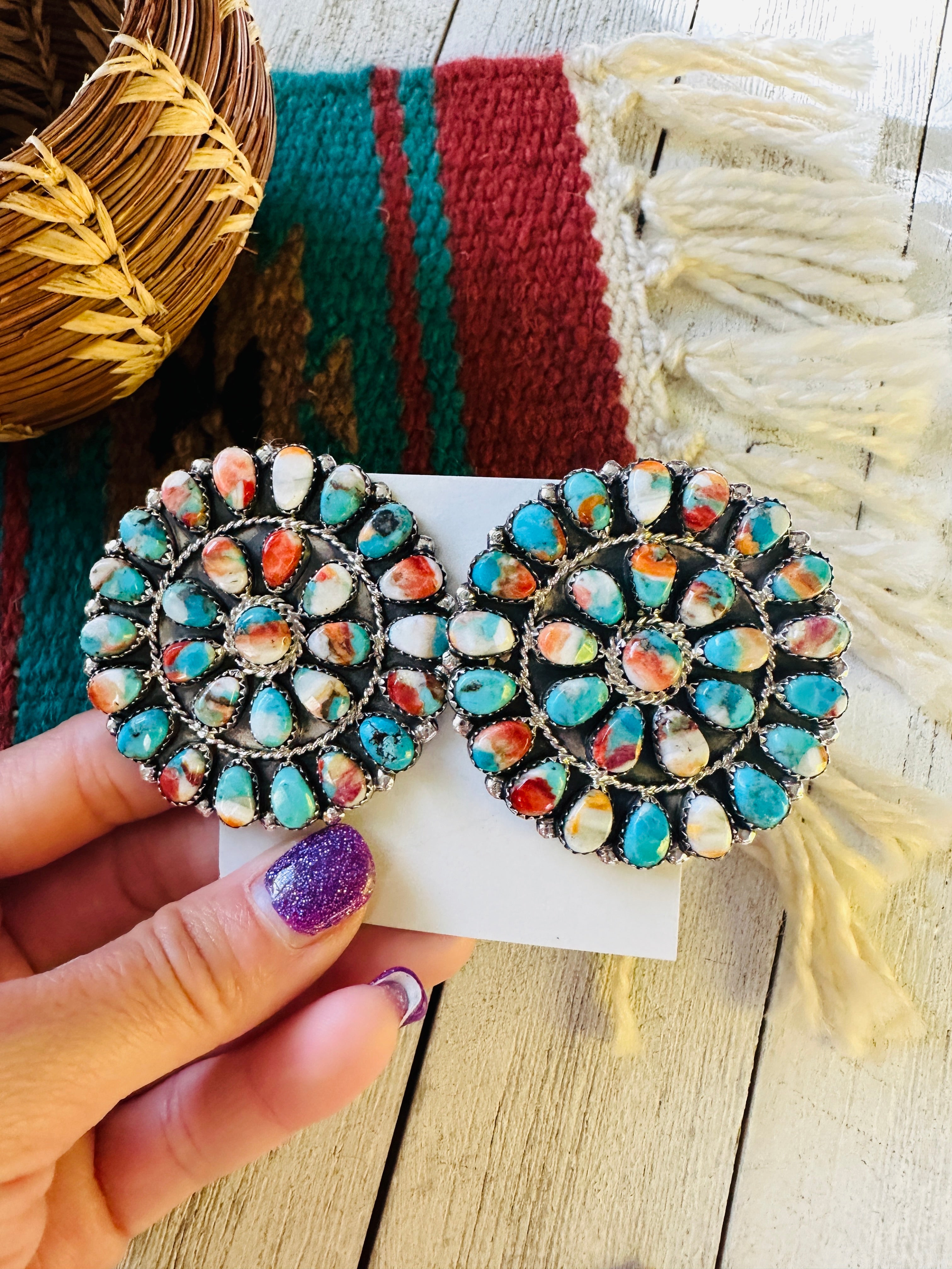 Navajo Multi Stone Spice And Sterling Silver Cluster Post Earrings