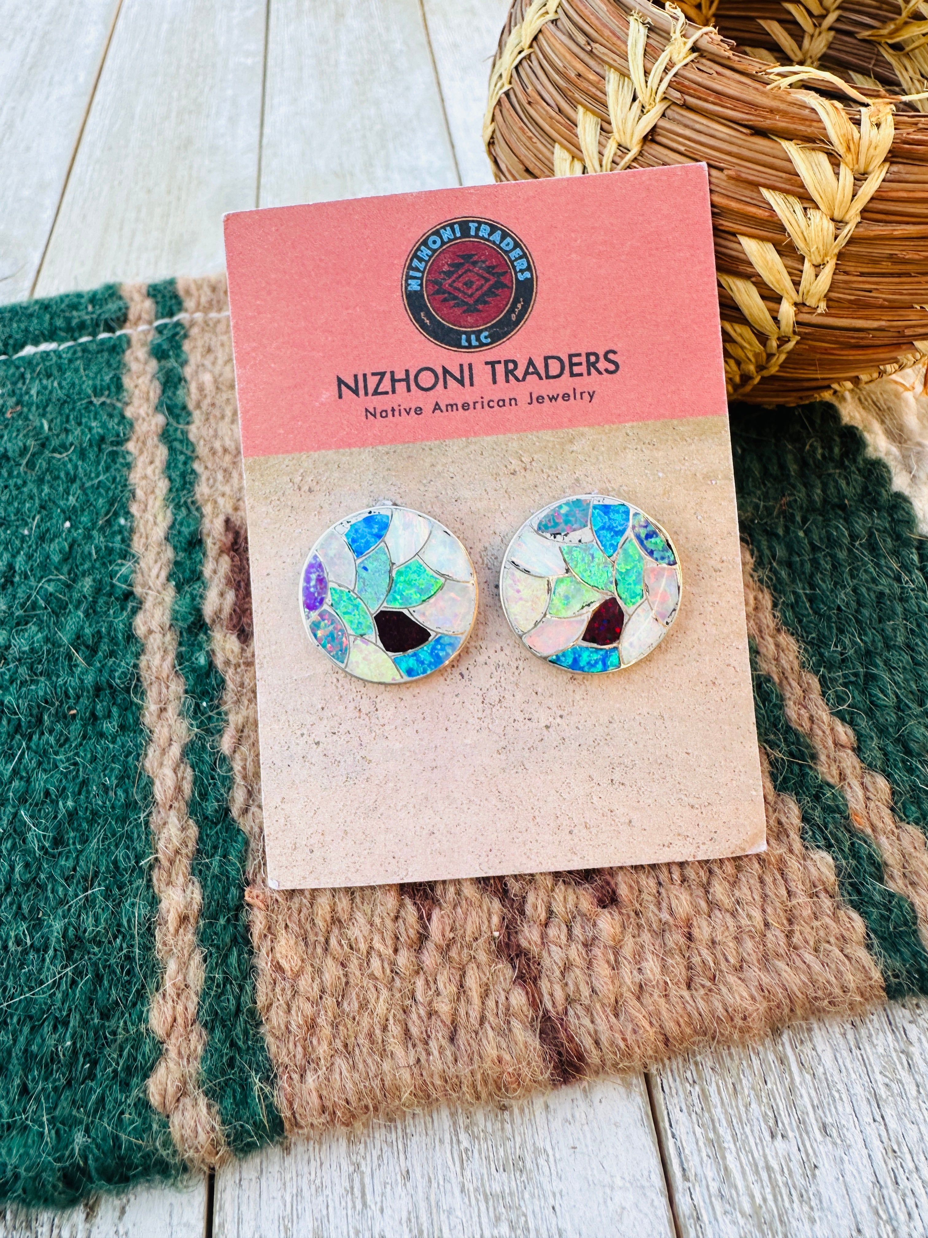 Handcrafted Old Pawn Sterling Silver & Multicolor Opal Inlay Post Earrings