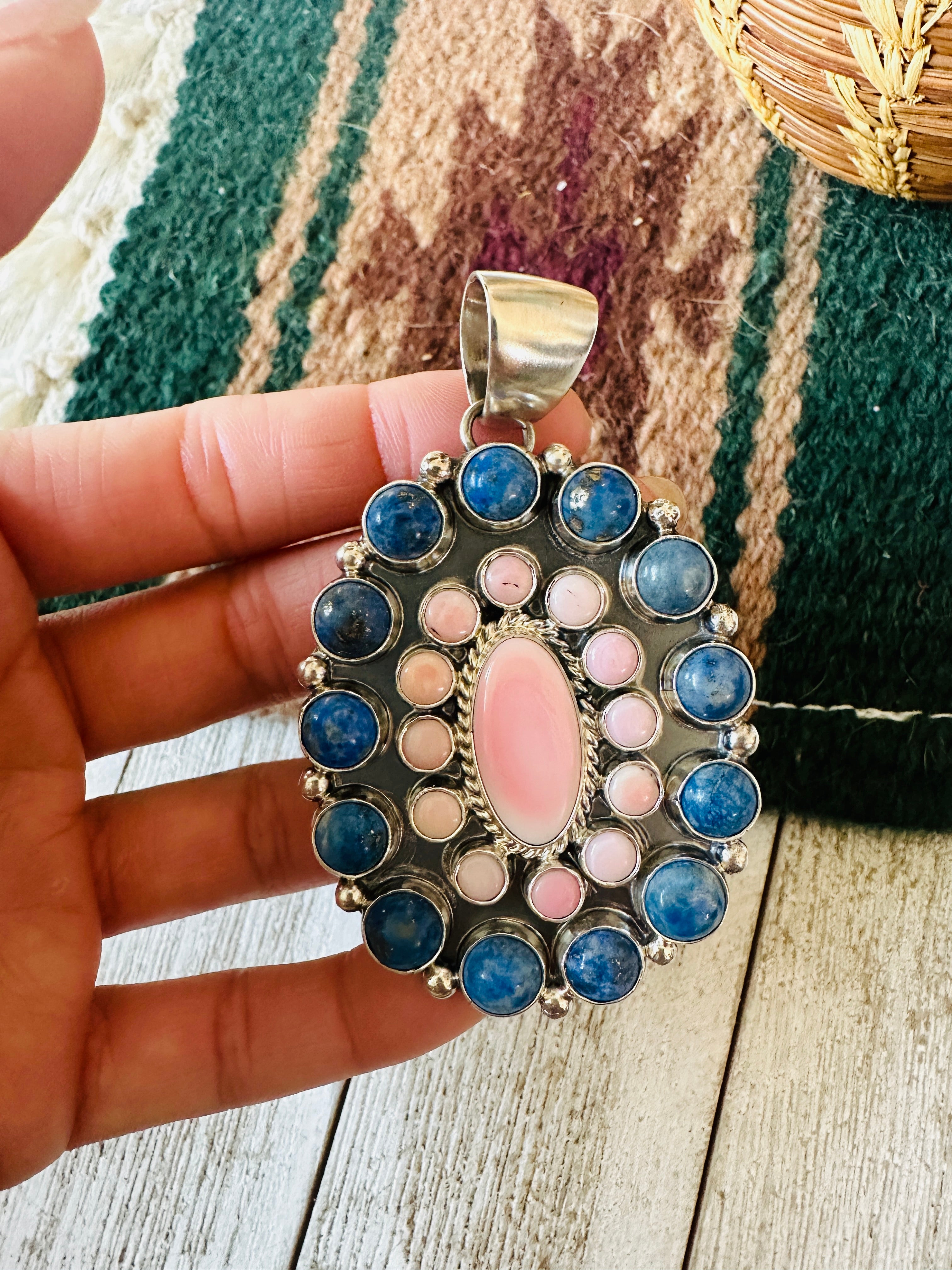 Handcrafted Queen Pink Conch, Lapis & Sterling Silver Cluster Pendant