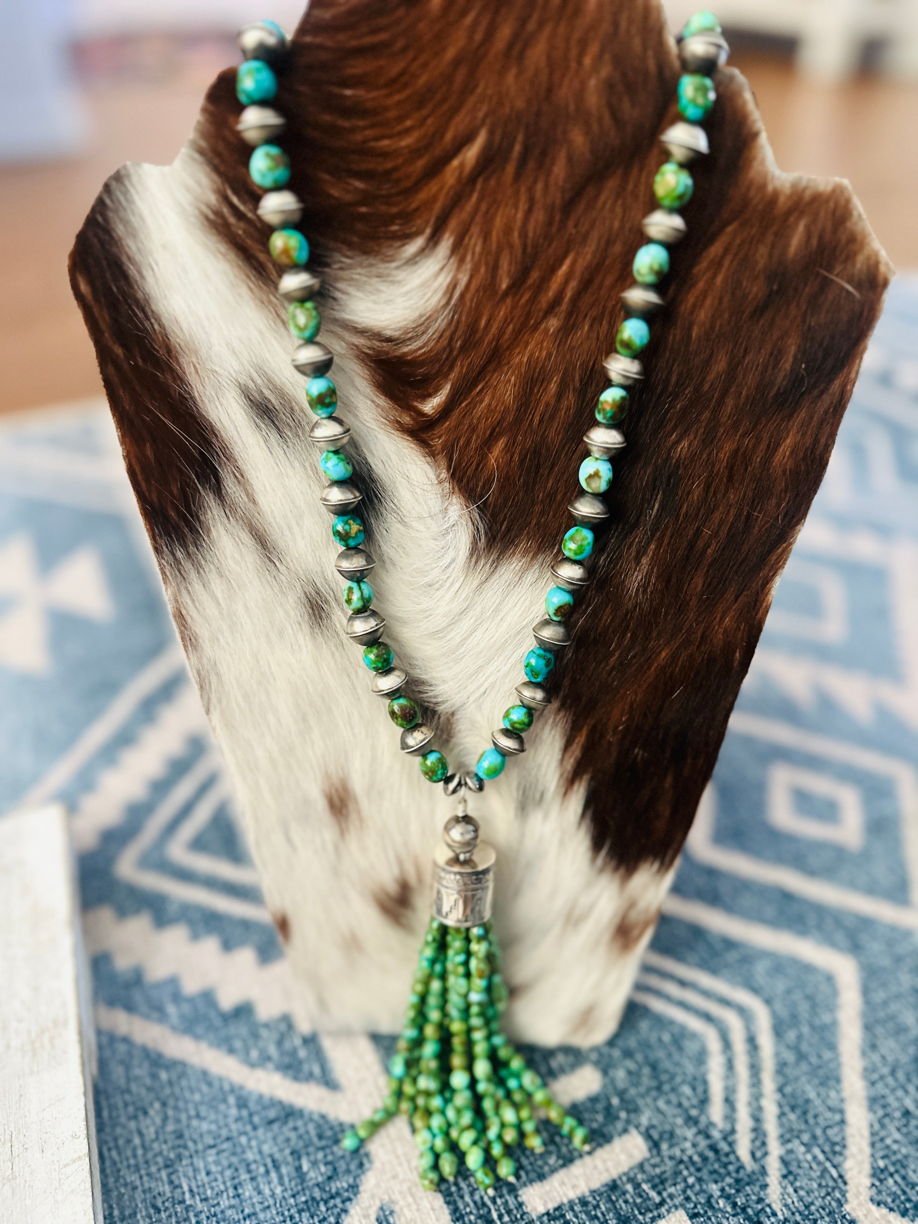 Handcrafted Sonoran Mountain Turquoise & Sterling Silver Beaded Tassel Necklace