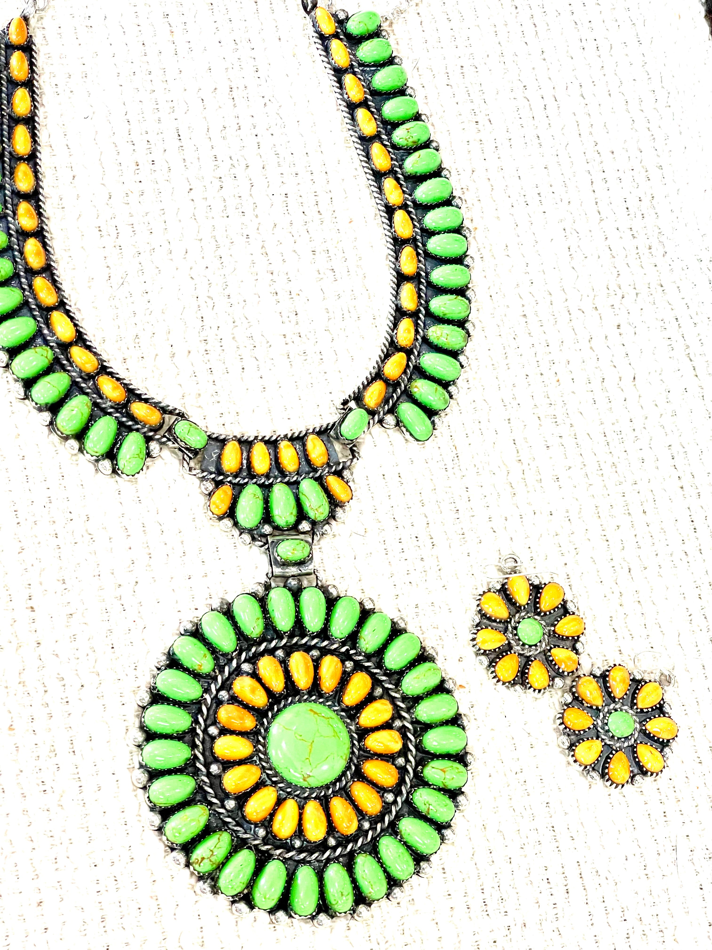 Beautiful Sterling Silver, Dyed Kingman Turquoise & Orange Spiny Cluster Necklace And Earring Set