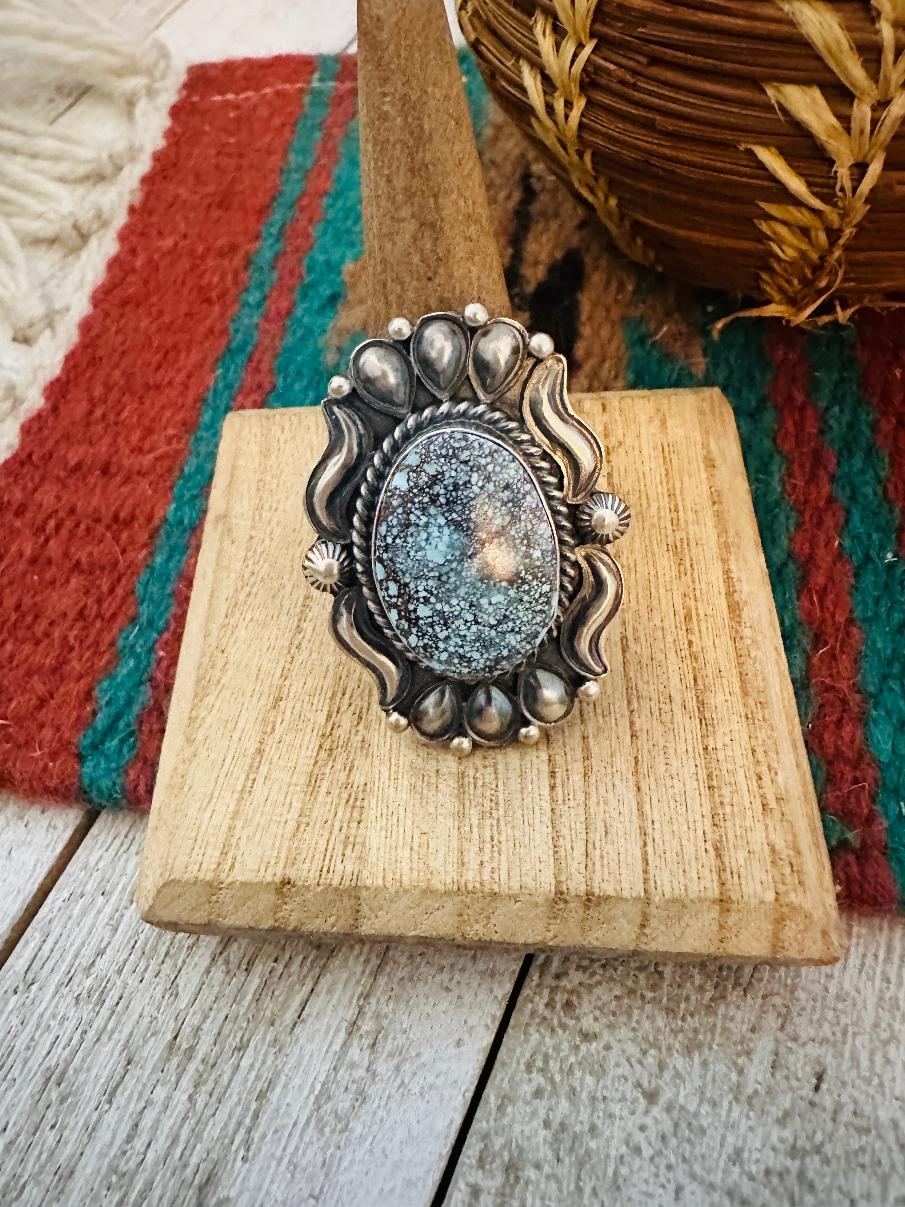 Navajo Kingman Web Turquoise & Sterling Silver Ring Size 10.5