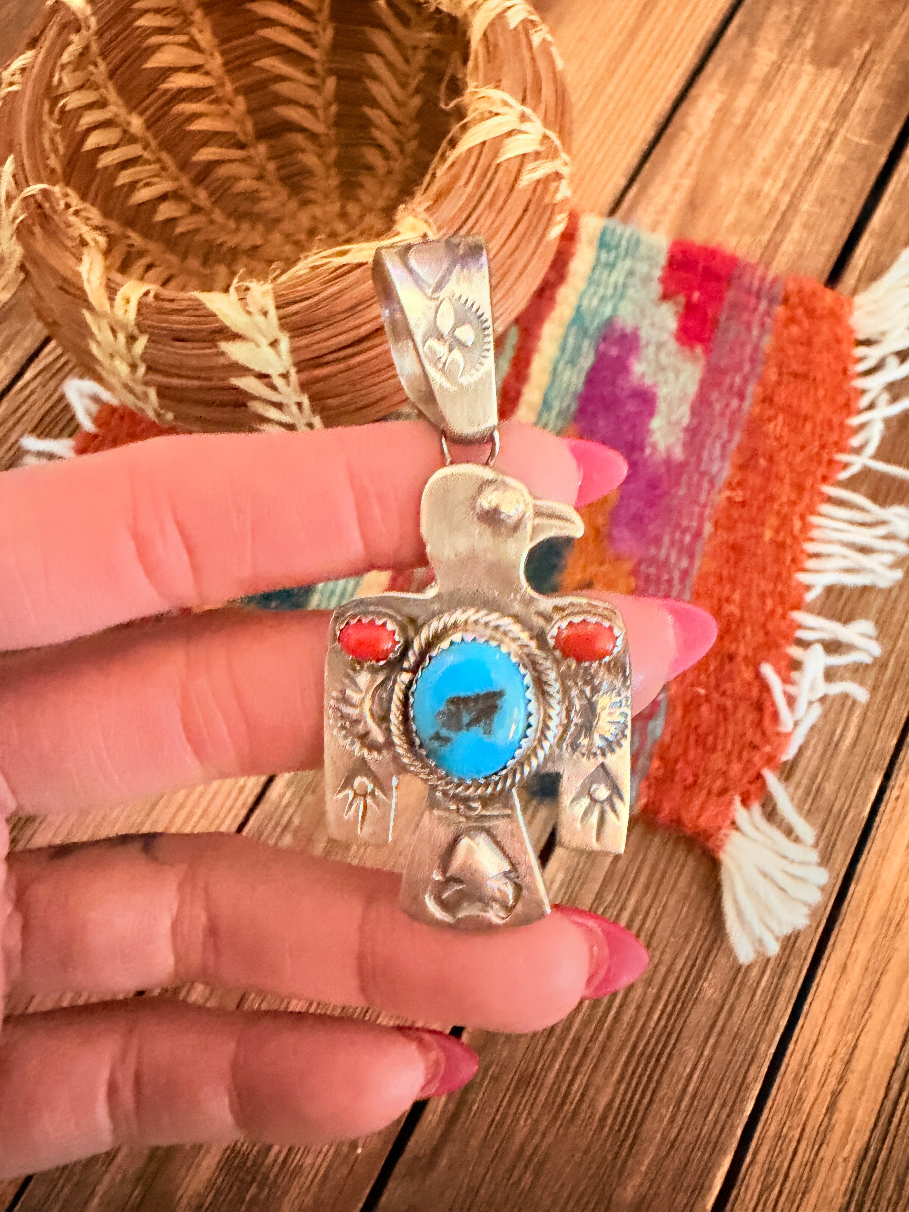 Handcrafted Turquoise, Coral & Sterling Silver Thunderbird Pendant by Richard Yazzie